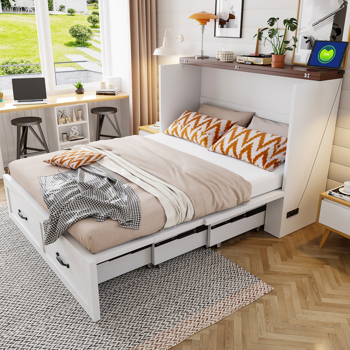 Opklapbed 140x200 cm - Met Opbergruimte - Met Stopcontact - Uitschuifbaar - Wit