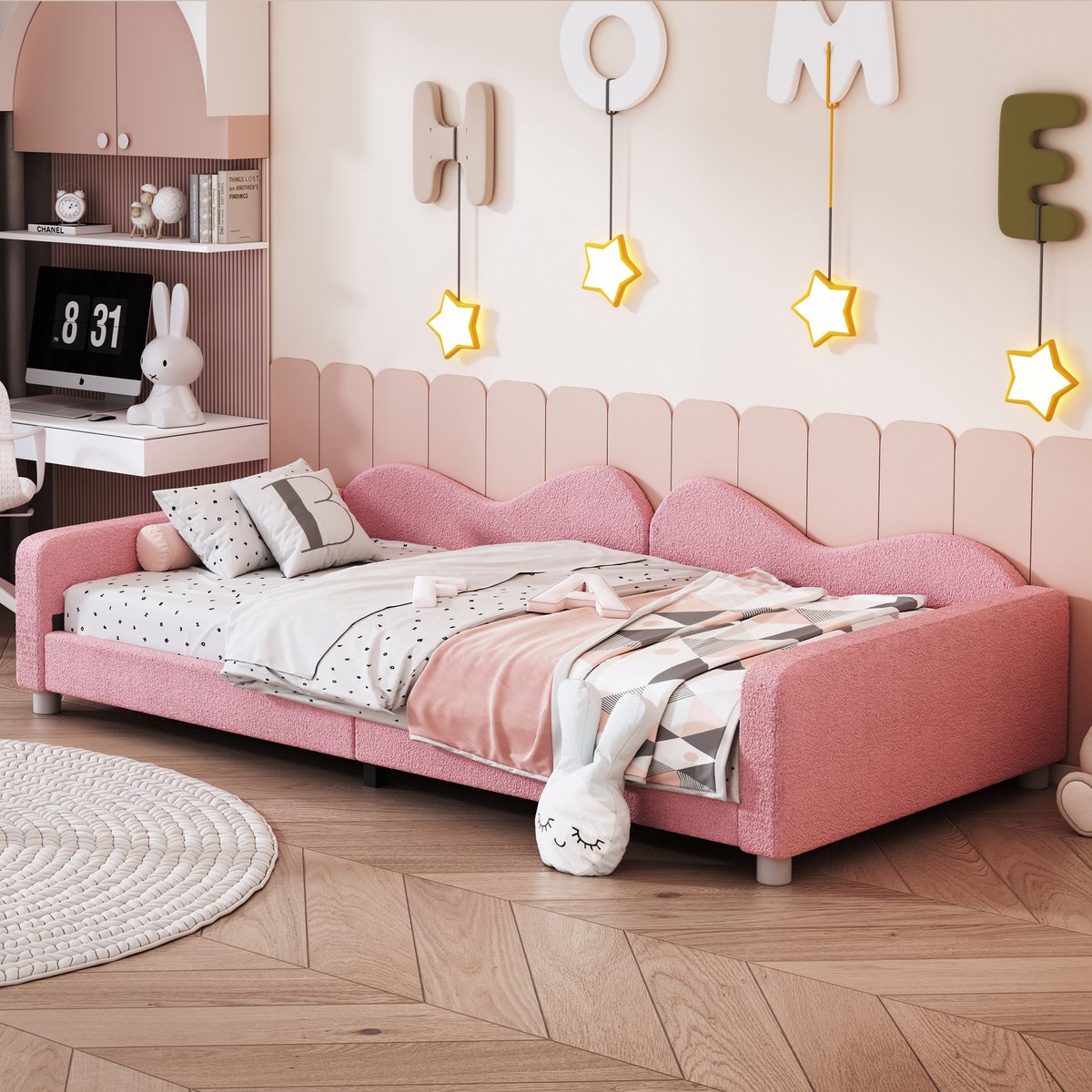 Slaapbank 90x200 cm - Met Hoofdeinde - Met Fluweel - Roze