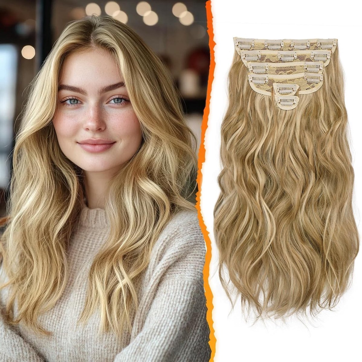 Wavy Clip in Haarextensions voor Vrouwen, 6 Stuks 40cm Dikke Krullende Natuurlijke Synthetische Haarstukken - Goudblond met Highlights