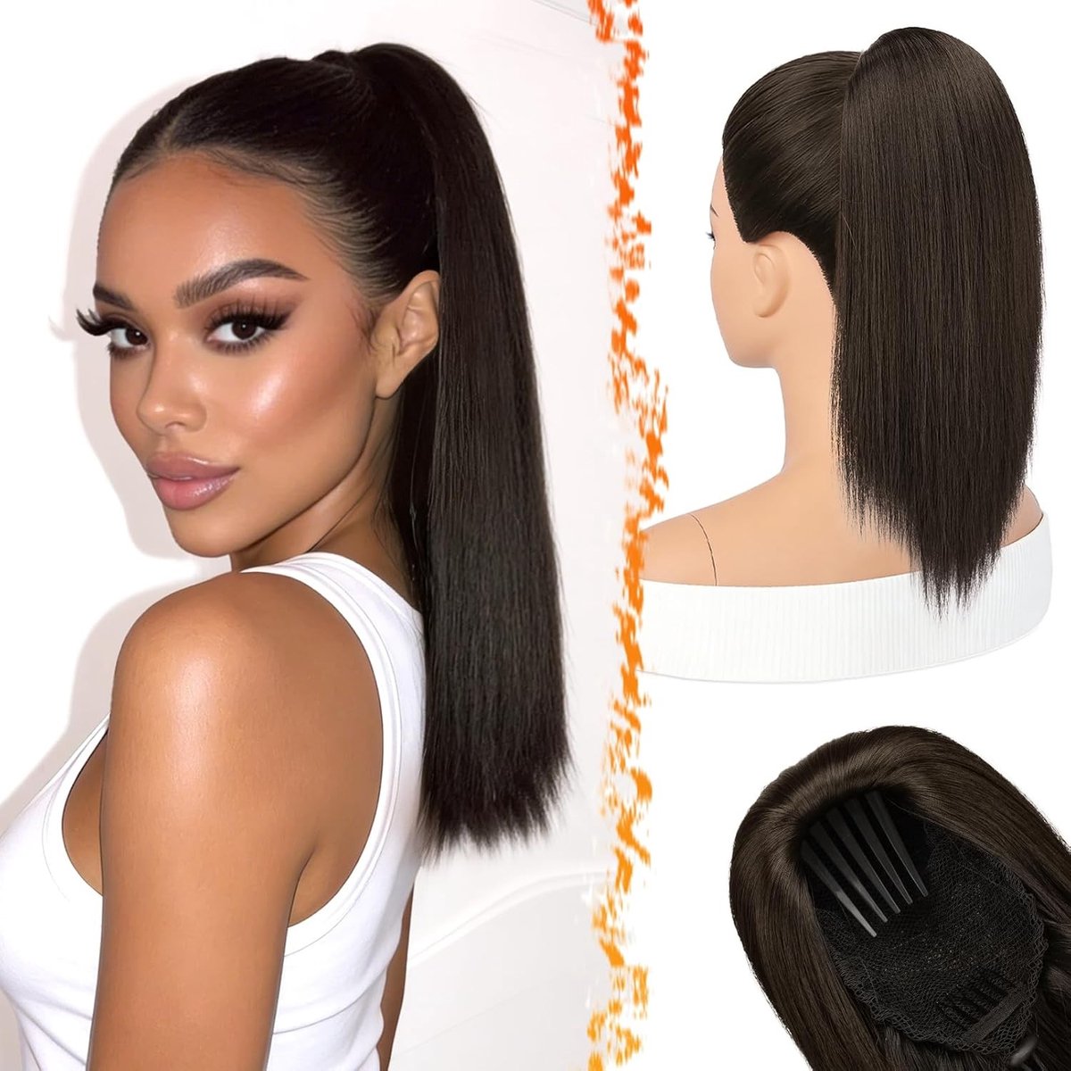 Korte Rechte Donkere Bruine Ponytail Haar Extensions van 40cm, Natuurlijke Synthetische Haarstuk voor Dagelijks Gebruik en Wedstrijden