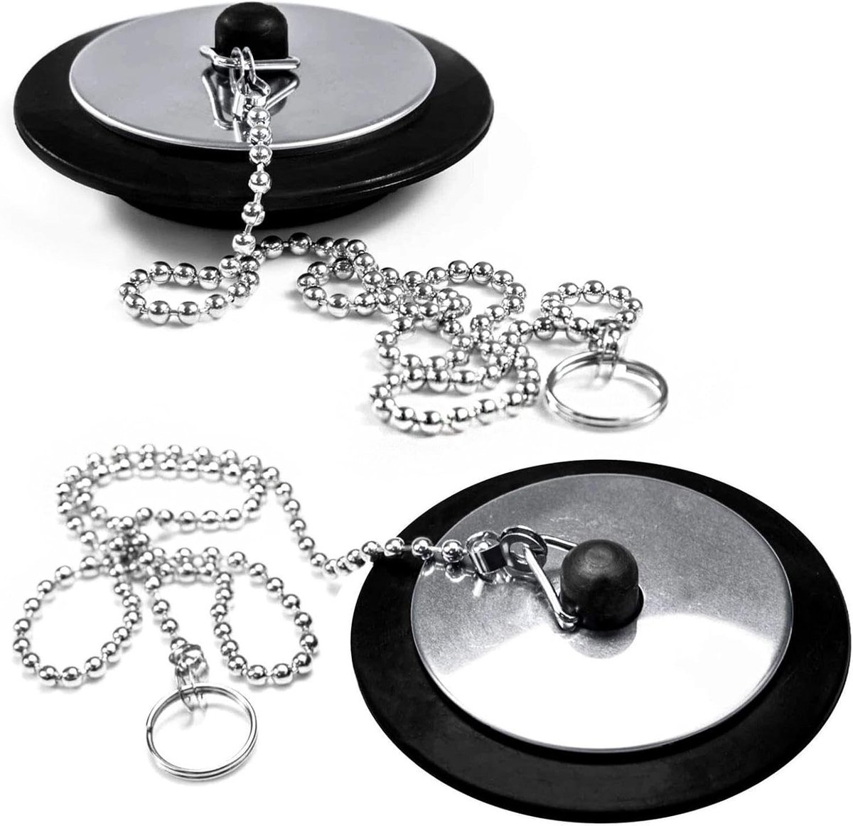 Drain Plug Set van 2 Stuks, Rubber Stoppen met Ketting voor Keuken en Badkamer, Ø42-45mm Afvoerstopper voor Sink en Badkuip