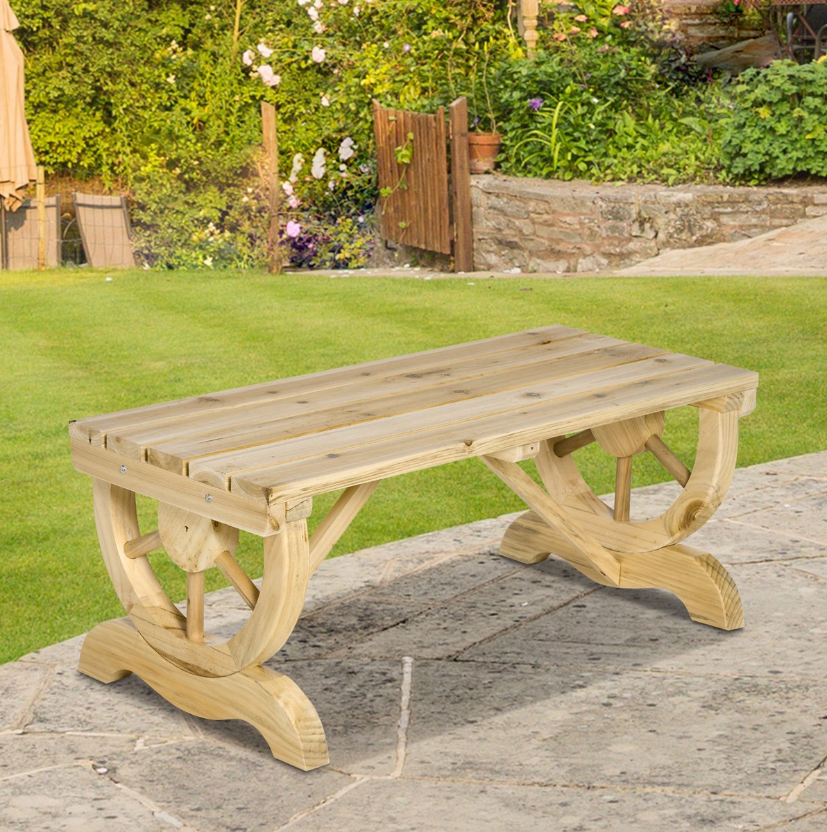 REDOM - Tuinbank - Voor 2 personen - Houten constructie met opvallende wielvormige poten - Weerbestendig - Voor tuin, terras en erf - Hout - Natuurlijk hout - 98 x 50 x 39,5 cm