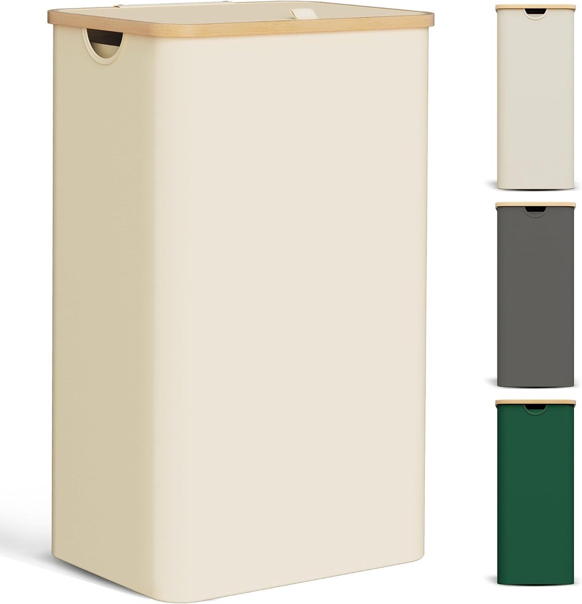 Grote en Vouwbare Wasmand met Deksel van Bamboe, 85 Liter, Smalle Wasmand met Waszak, Beige