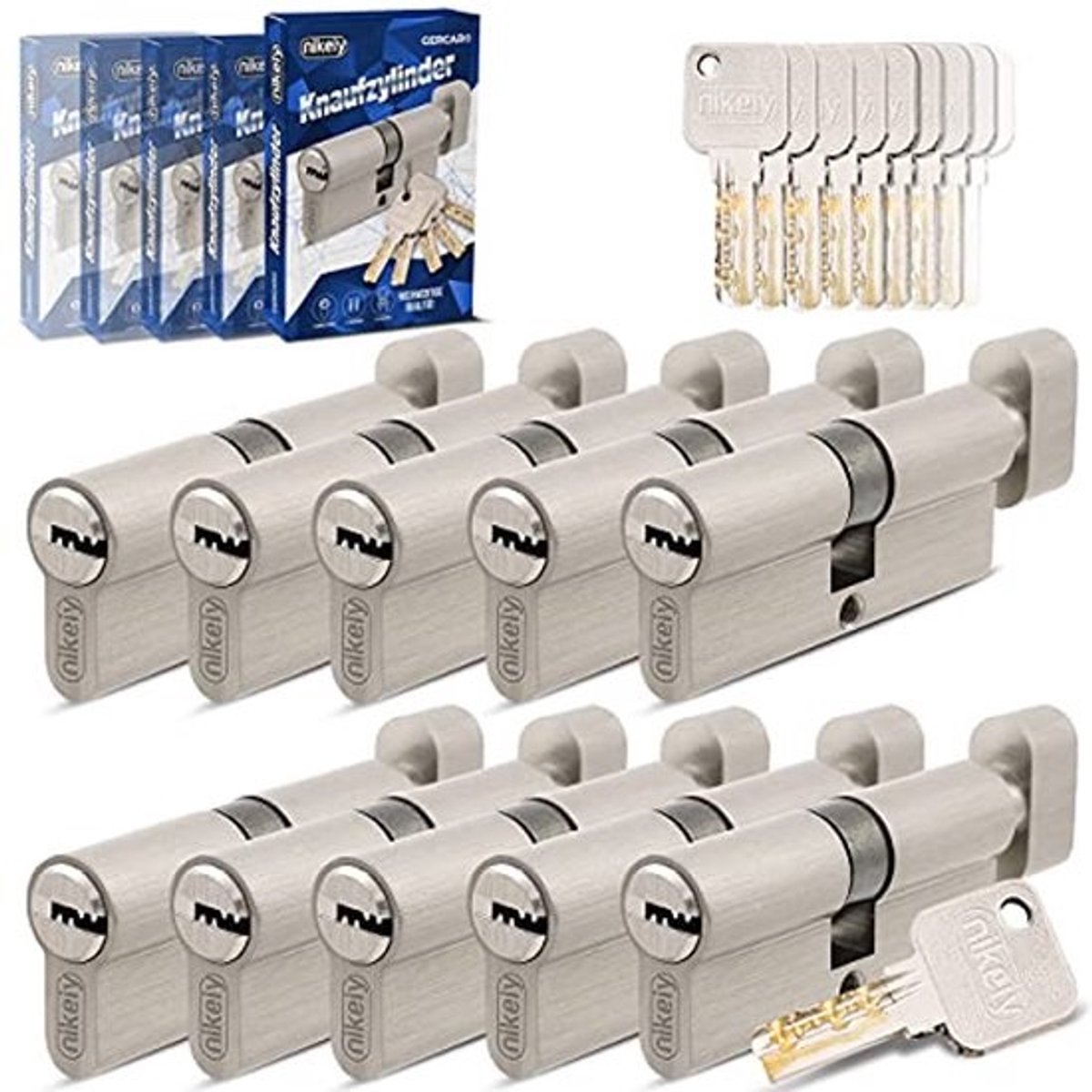 Gelijksluitende knopcilinders 30/30 set van 10 met 50 sleutels - 60 mm deursloten