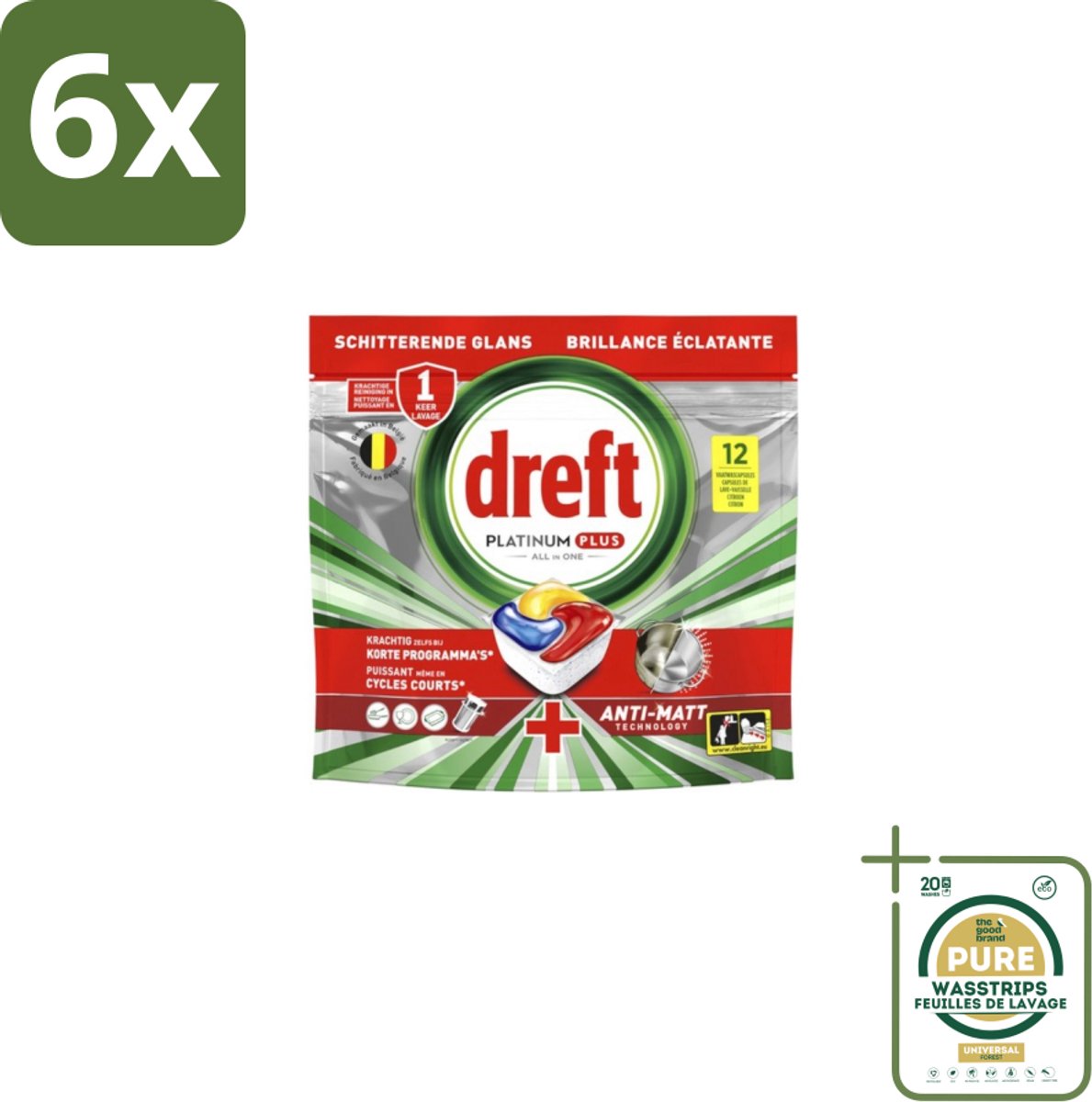 Dreft – Vaatwastabletten – Platinum Plus All-in-One – Lemon – 12 Tabletten - Voordeelverpakking - 6 stuks - Anti-dofheid - Vaatwasmiddelen lemon