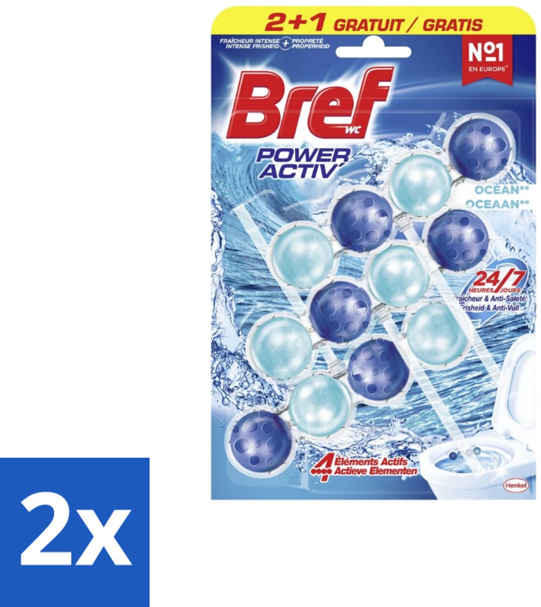 2 x Bref – Toiletblok – Power Aktiv Ocean – Multipack - Toiletblok Multipack - Anti-kalk Toiletblok - Frisse Toiletgeur - Krachtige Reiniging - Ocean Geur