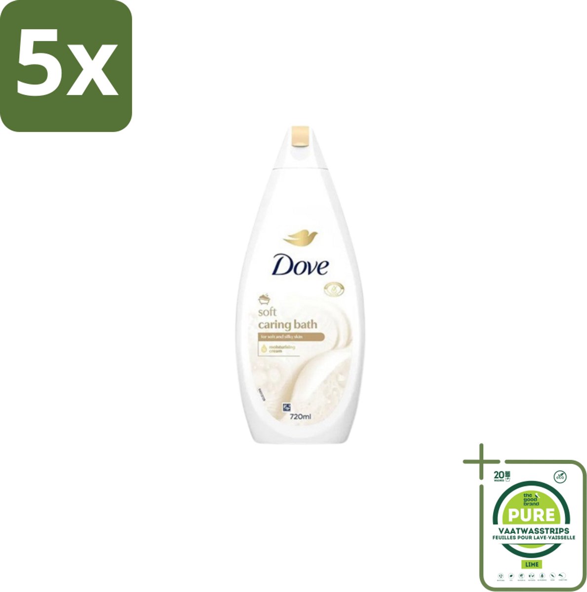 5 x Dove – Badcrème – Soft – 720 ml - Grootverpakking - Douchegel - Zachte Reiniging - Zijdezachte Huid - Glycerine - Schuim