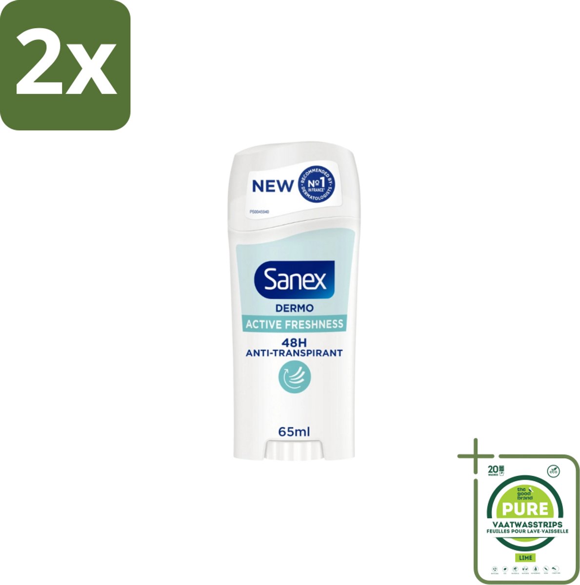 Sanex – Deodorant Stick – Dermo Active Freshness – 65 ml - Voordeelverpakking - 2 stuks - Deodorantstick - Frisheid