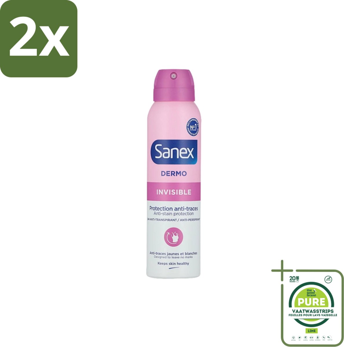Sanex – Deodorant Spray – Dermo Invisible – 150 ml - Voordeelverpakking - 2 stuks - Onzezichtbare deodorant - Deodorant spray
