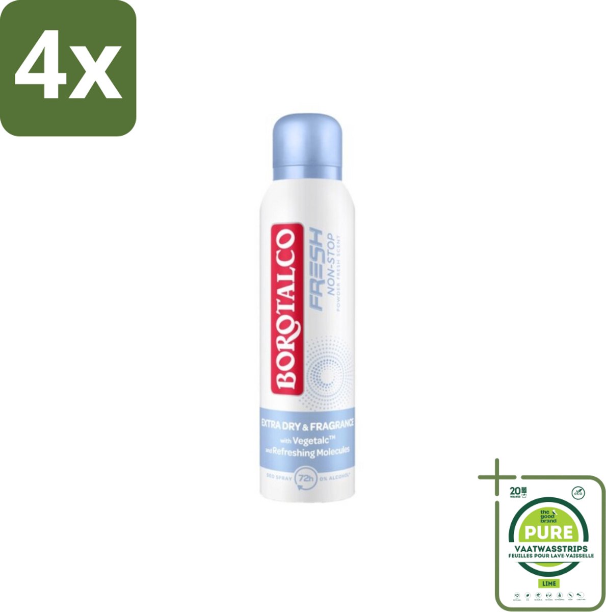 Borotalco – Deodorant Spray – Fresh Non-Stop – 150 ml - Voordeelverpakking - 4 stuks - Frisheid - Zweetbestendig