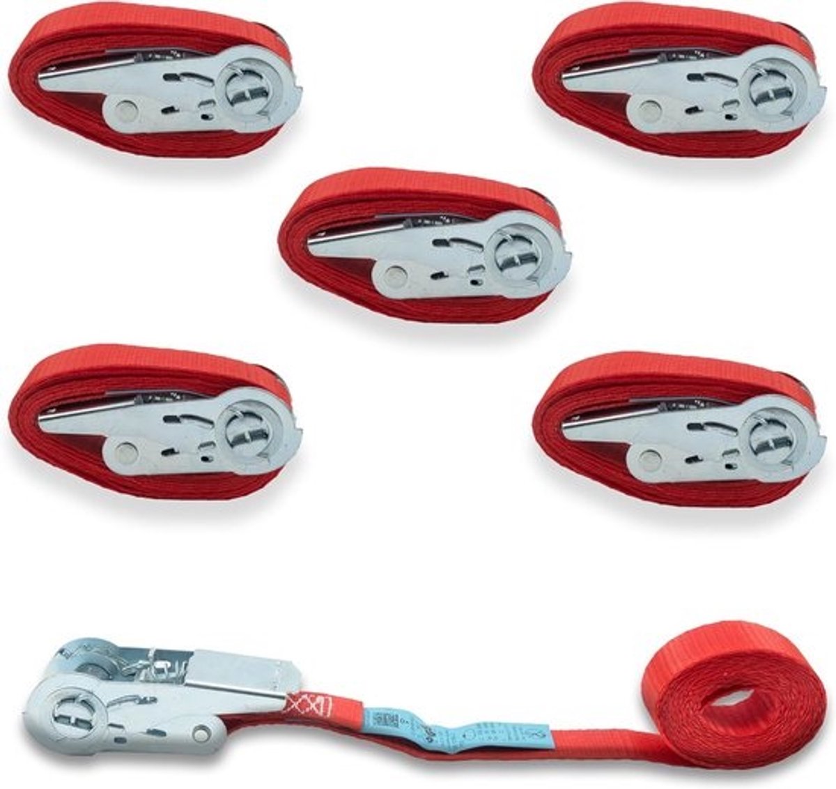Spanbanden 700 kg - 5-delige set, 25 mm x 4 m, Rood