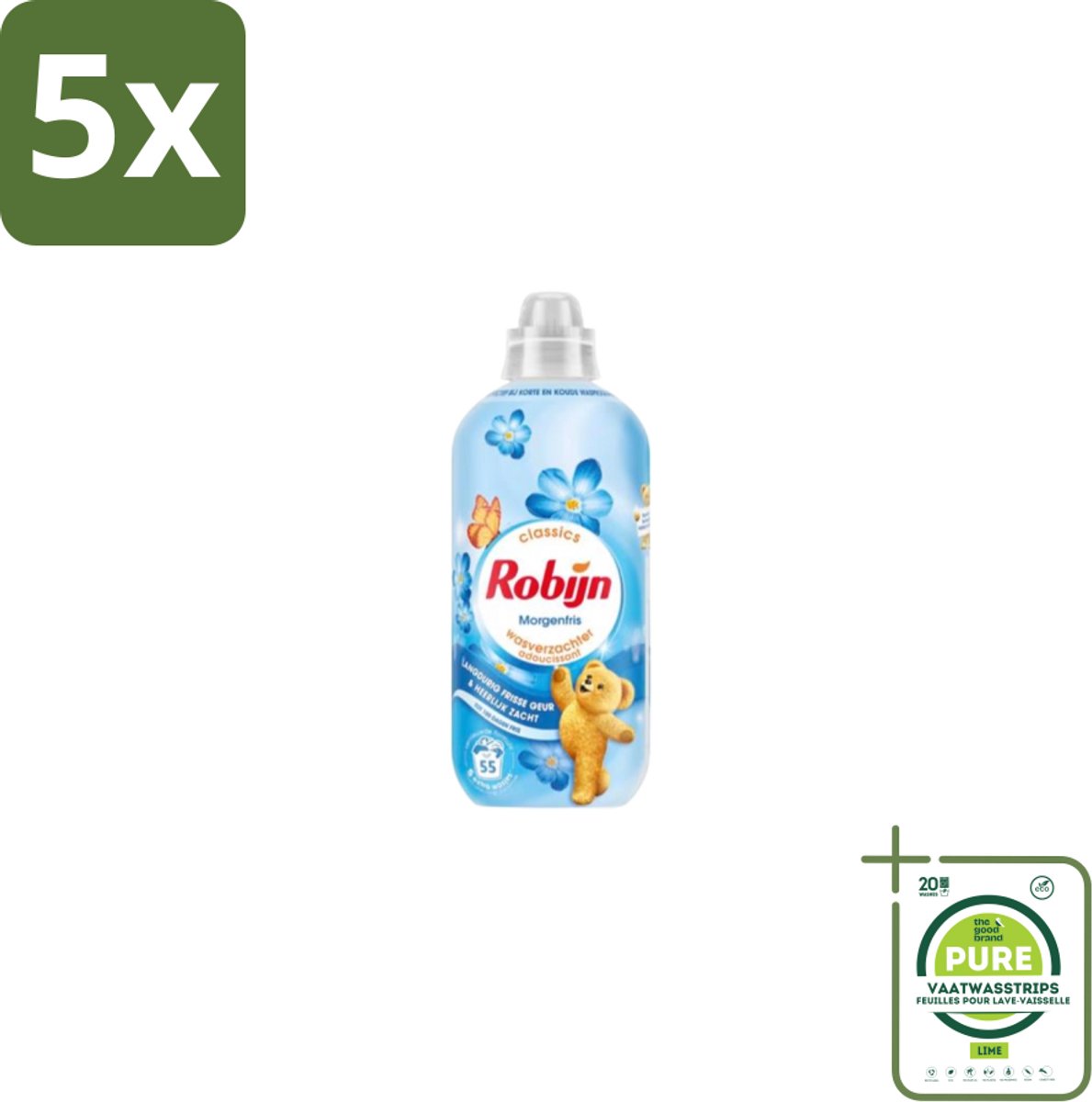 5 x Robijn – Wasverzachter – Morgenfris – 1,1 L - Grootverpakking - Wasverzachter - Wasverzachter Morgenfris - Wasverzachter Voor Kleding - Wasverzachter Fris - Wasverzachter Voor Textiel