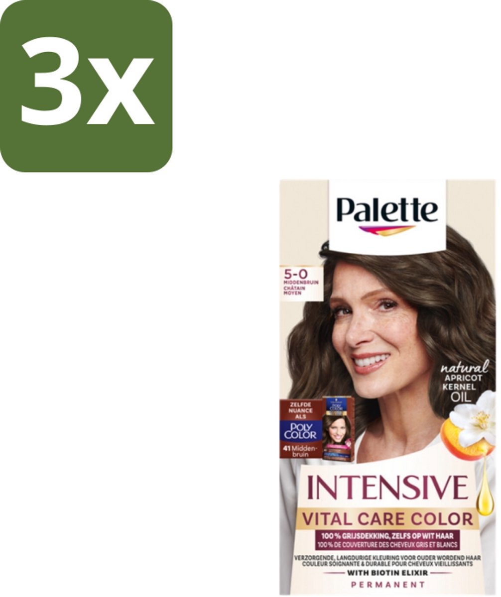3 x Poly Palette – Haarverf – 5-0 Middenbruin – 115 ml - Haarkleuring - Grijsdekking - Permanente Haarkleuring - Middenbruin - Ouder Wordend Haar