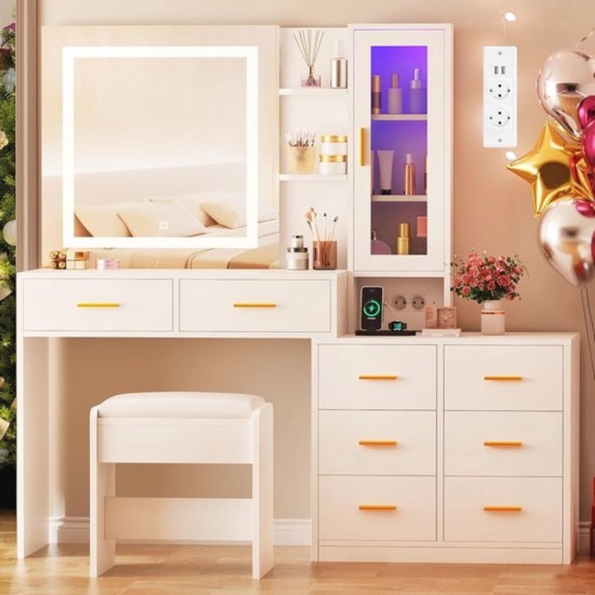 Make-uptafel met LED-verlichting en spiegel - Moderne kaptafel met 8 laden en RGB plank