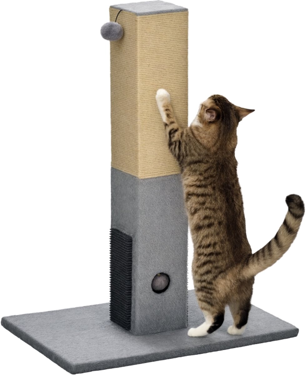 Krabpaal voor katten, krabbal met belletje, 2 verzorgingsborstels, 59,5 x 39 x 79 cm, beige/grijs