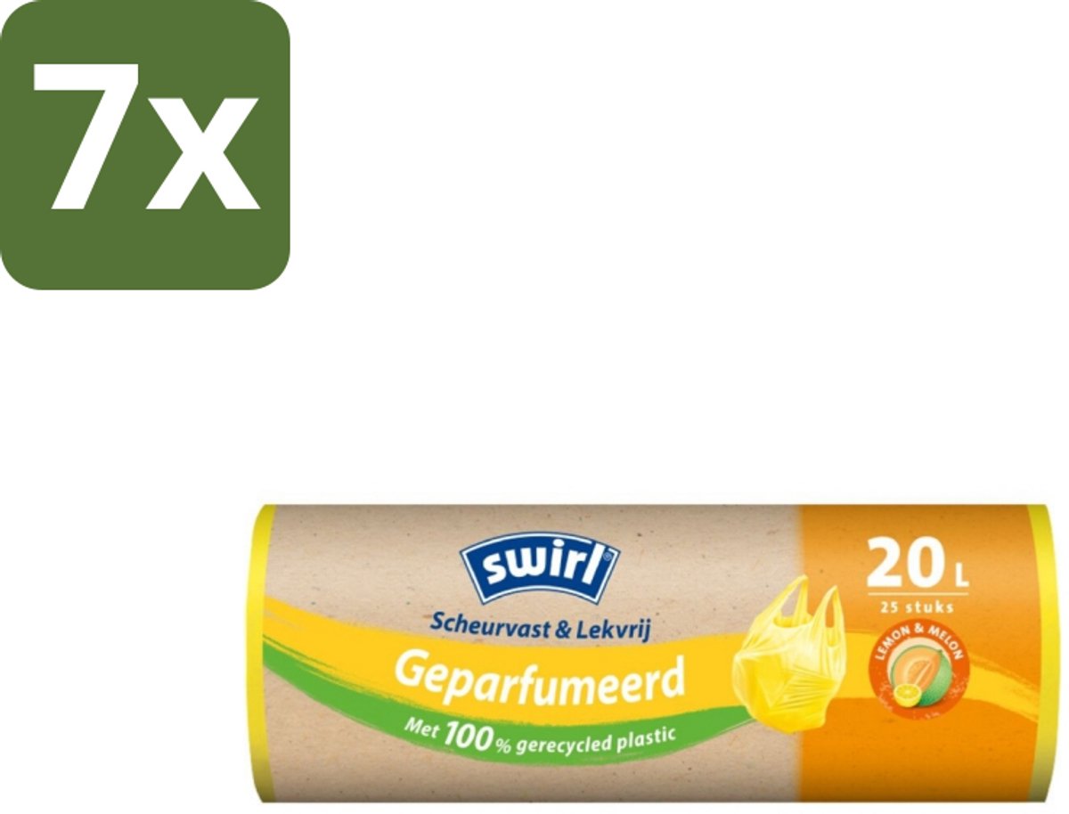 Swirl – Vuilniszakken 20 L – Handvat – Lemon & Melon Geparfumeerd – 25 zakken - Bulkverpakking - 7 stuks