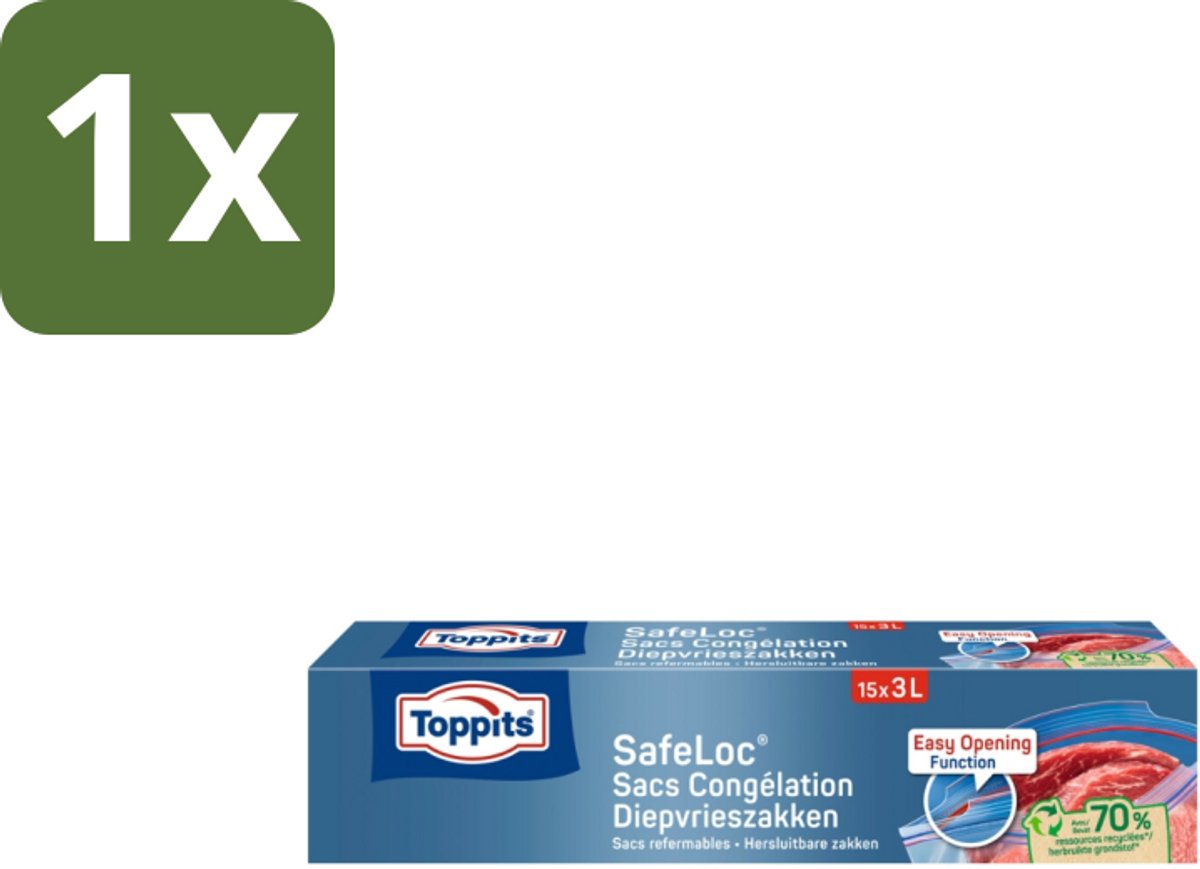 Toppits – Safeloc Zip-Diepvrieszakken – 3 Liter – 15 Zakjes - 1 stuk