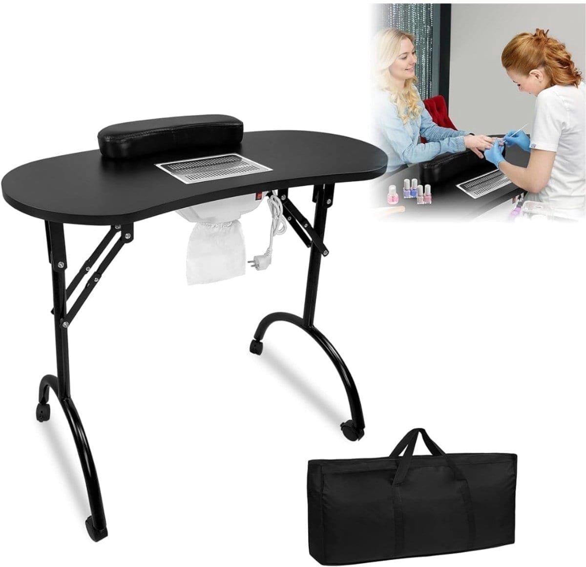 Klarven® Manicure Tafel met Afzuiging Zwart - Ingebouwde Stofafzuiging, Met Laden en Wielen met Remmen - Opvouwbaar, Inclusief Draagtas en 3 Stofzuigerzakken - B 98 x D 44 x H 77 cm