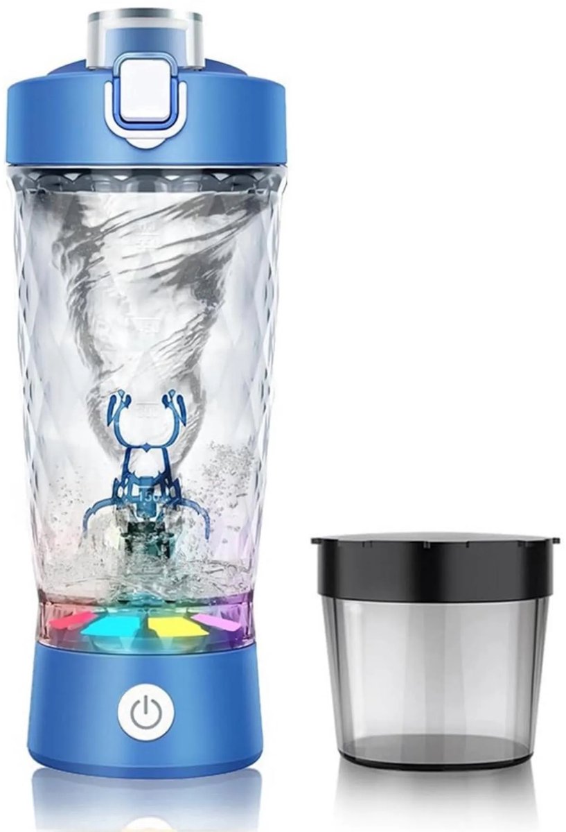Shakebeker met poeder compartiment - Shakebeker Elektrisch - Proteïne Shaker - 650 ml - Eiwit Mixer-Schudder - USB oplaadbaar - voor Proteïnepoeder en Milkshake - BPA-vrij - met 7-kleuren LED-licht - Blauw