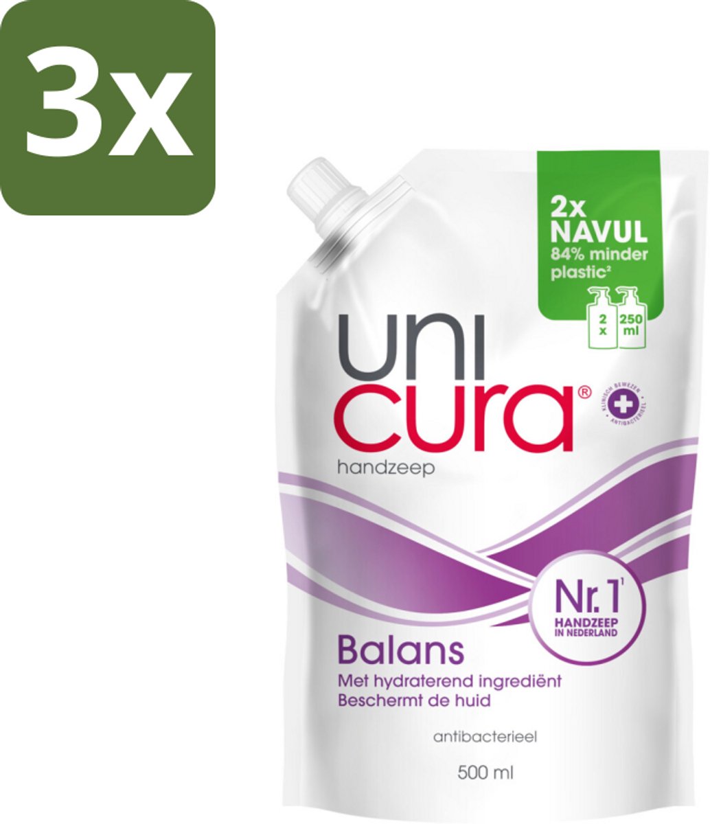 Unicura – Vloeibare Handzeep Navulling – Balans – 500 ml - Bulkverpakking - 3 stuks