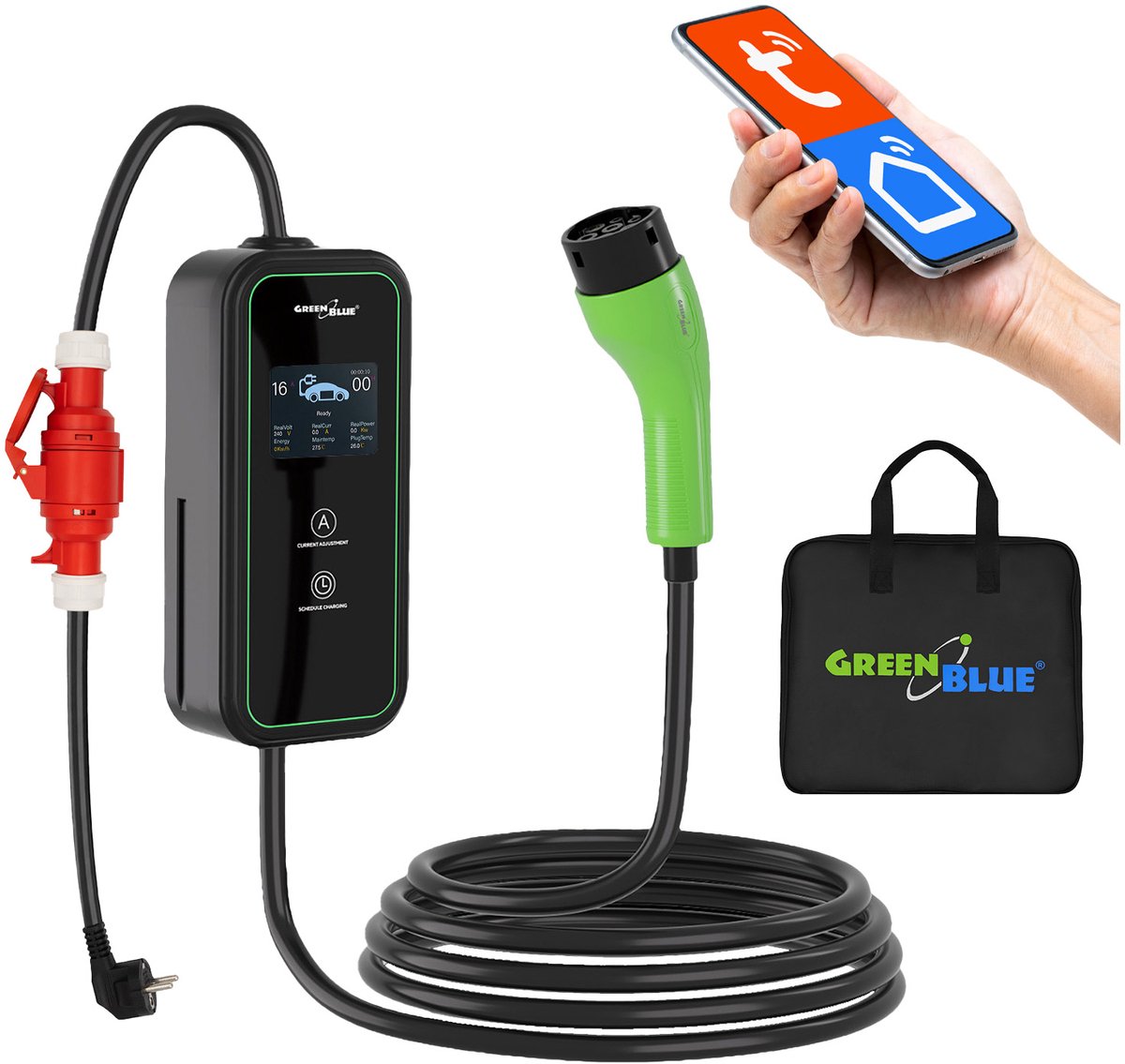 GreenBlue - Type 2- thuislader auto lade11 kW 6-16 A WiFi Tuya - EV’s/PHEV - kabellengte 6,8 m, IP65, 11 kW, 220-380 V AC 50/60 Hz, 16 A, 3 fasen, GB1100