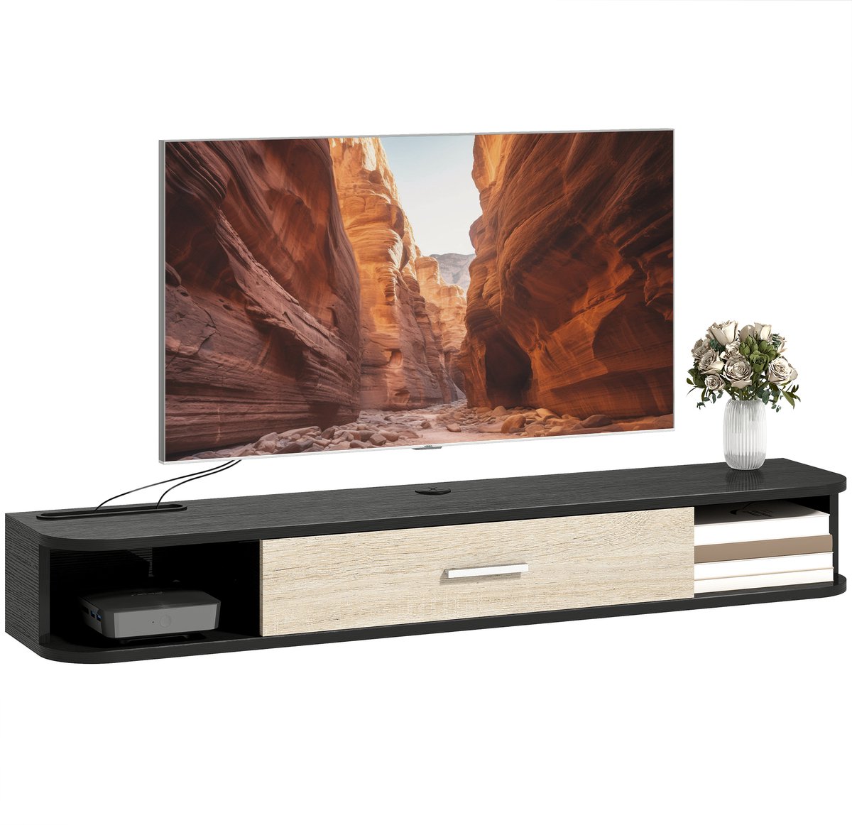 Sogiol® Zwevend Tv-meubel - 120 cm - geschikt voor tv's tot 50 inch - neerklapbare deur - 2 open schappen en kabelmanagement - zwart