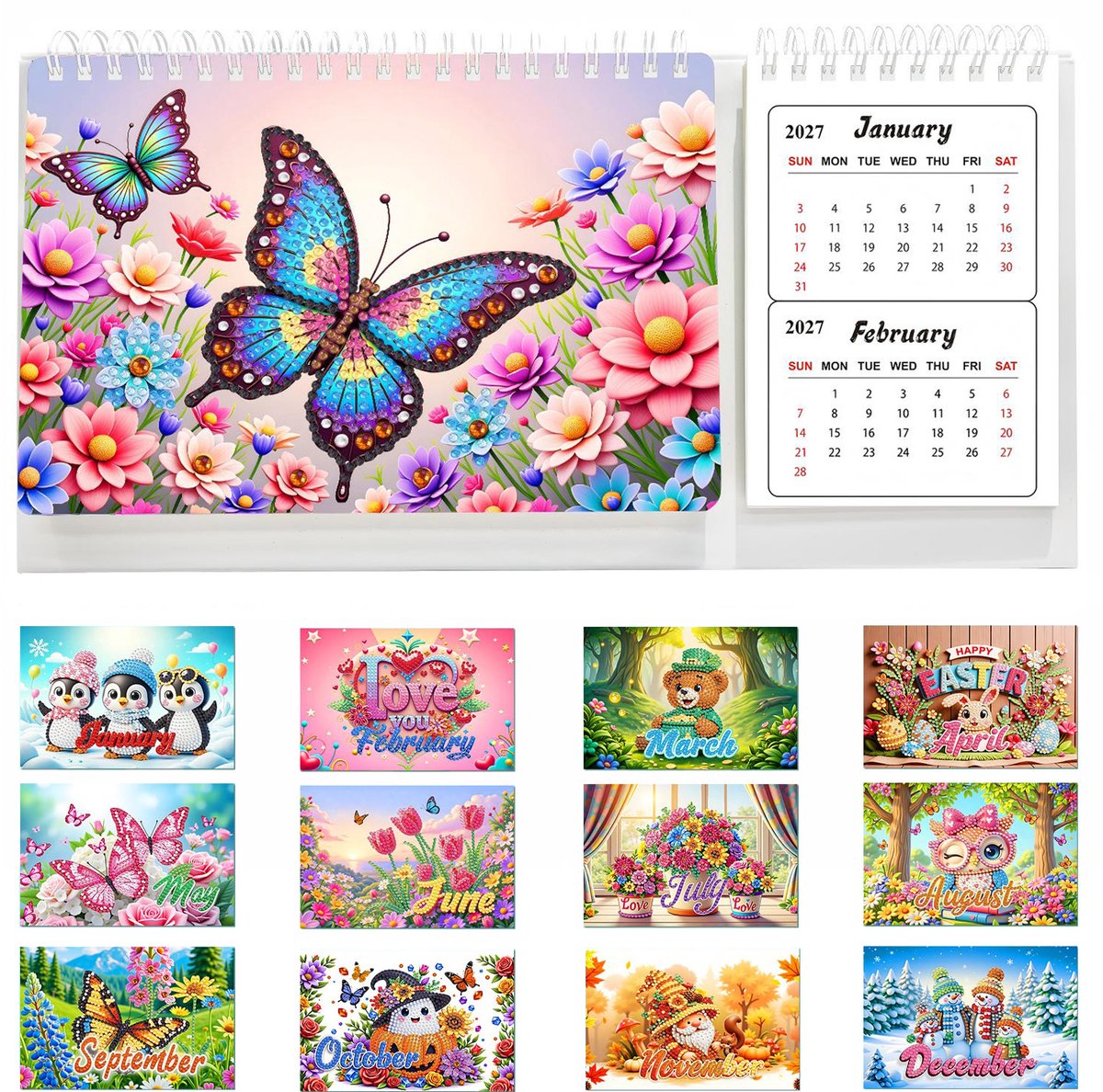 Namajunas - Diamond Painting Kalender - Kalender 2027-2028 - Met 13 Stusk Diamond Painting - Parels - Met Diamond Painting Pen & Diamond Painting Accesoires - Creatief Knutselen - DIY Knutselpakket - Decoratie voor Huis - Cadeaus voor Kerst