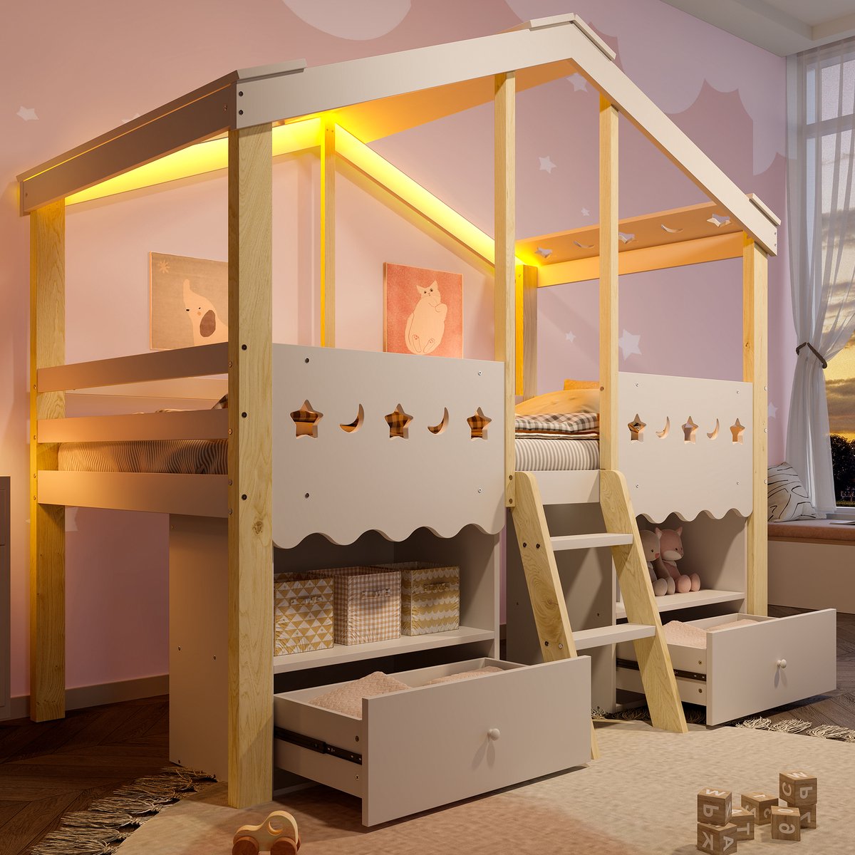 Halfhoog huisbed met LED-sfeerverlichting en opberglades - speels en functioneel voor de kinderkamer - 90x200 cm eenpersoons - wit+natuur - 2 uitschuiflades en open legplanken - massief grenen frame met veiligheidsrek - app-gestuurde verlichting