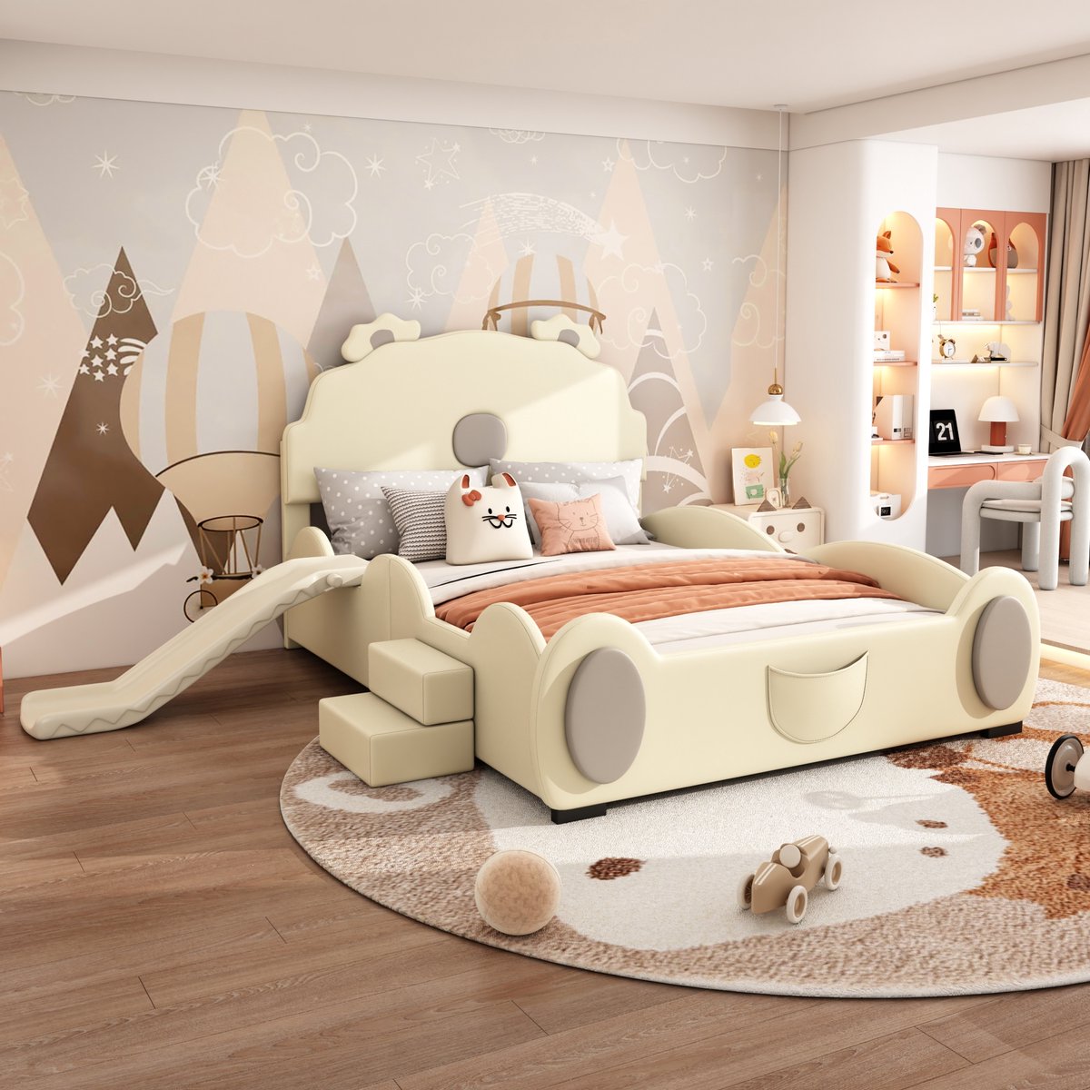 Cartoon kinderbed in berenvorm - Magisch slaap- en speelavontuur - 140x200 cm - Beige - Met glijbaan en ladder - Zacht PU, eenvoudig te reinigen - Inclusief lattenbodem, max 200 kg
