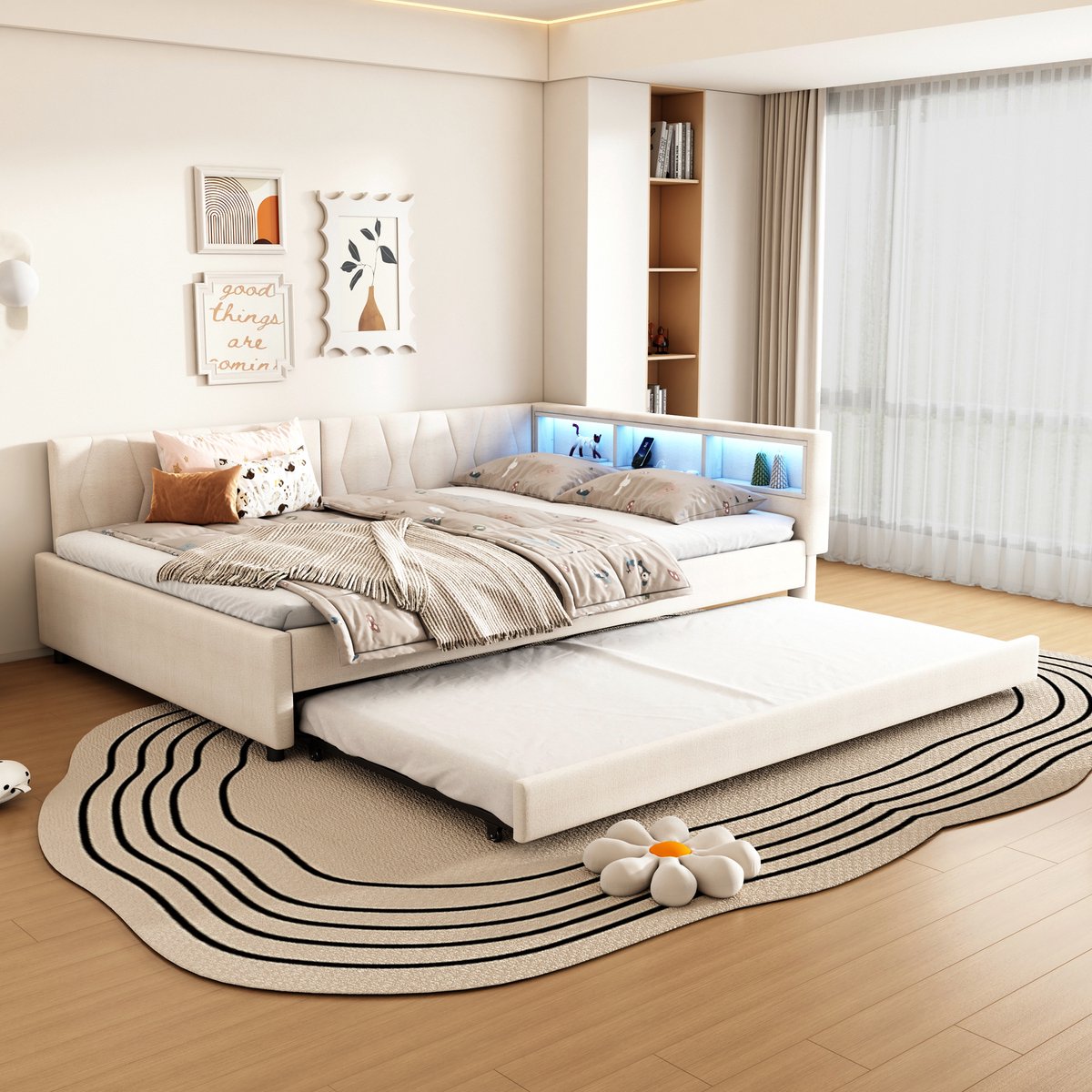 Dagbed 140x200 cm met LED, USB-C en opbergvakken - multifunctionele slaapbank voor logés - beige - linnen bekleding en uitschuifbaar tweede bed - inclusief lattenbodem