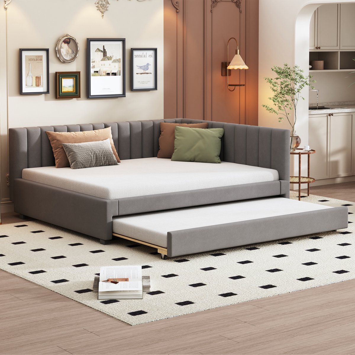 Gestoffeerd slaapbank met uitschuifbed - multifunctioneel voor logeer- en tienerkamer - 140x200 cm en 90x190 cm - grijs fluweel - dik gewatteerde zijkanten - inclusief 20-delige lattenbodem