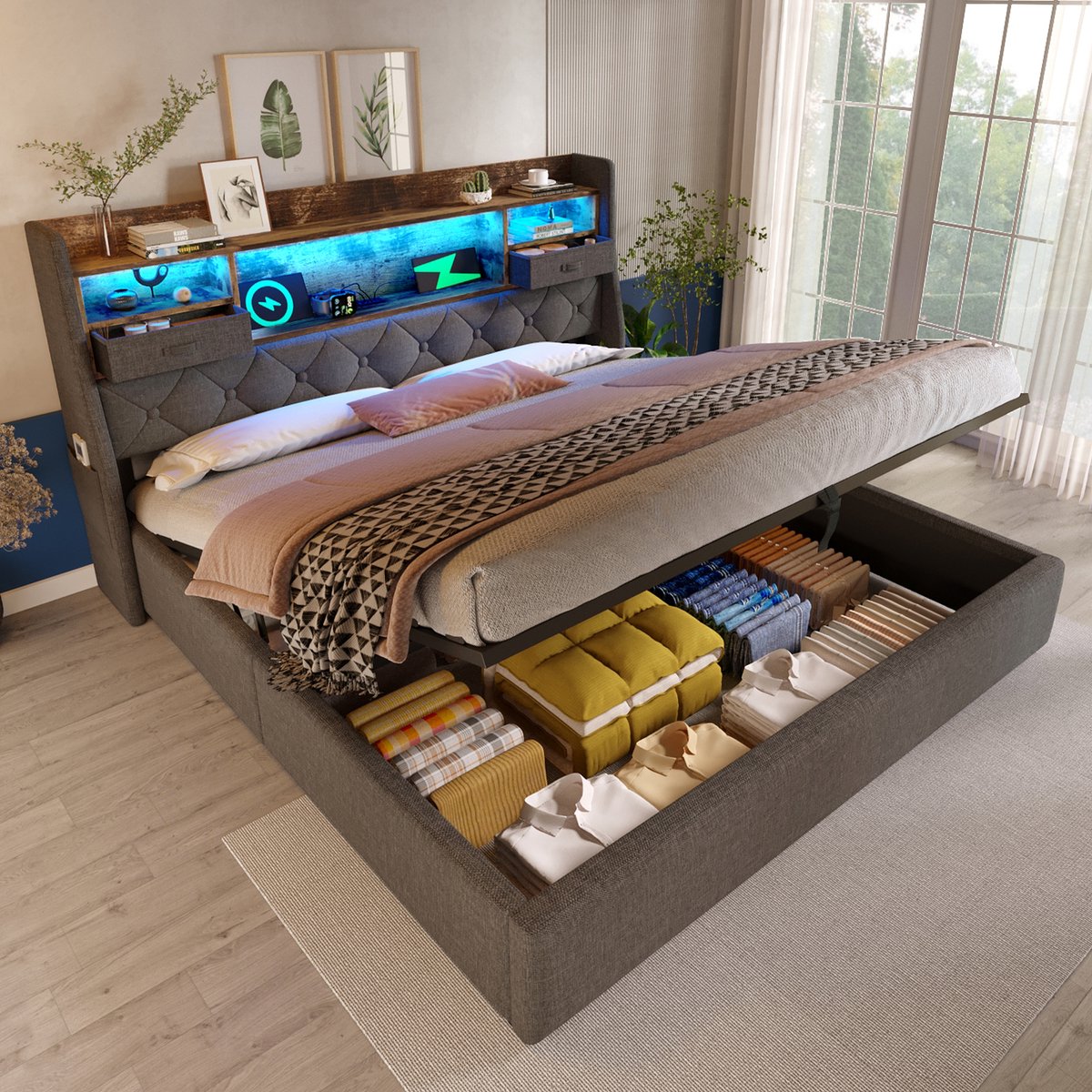 Gestoffeerd hydraulisch opbergbed met LED-hoofdeinde en laadstation - 180x200 cm tweepersoons - grijs linnen - 60.000 kleuren sfeerverlichting - 4 snellaadpoorten USB-A en USB-C - inclusief lattenbodem