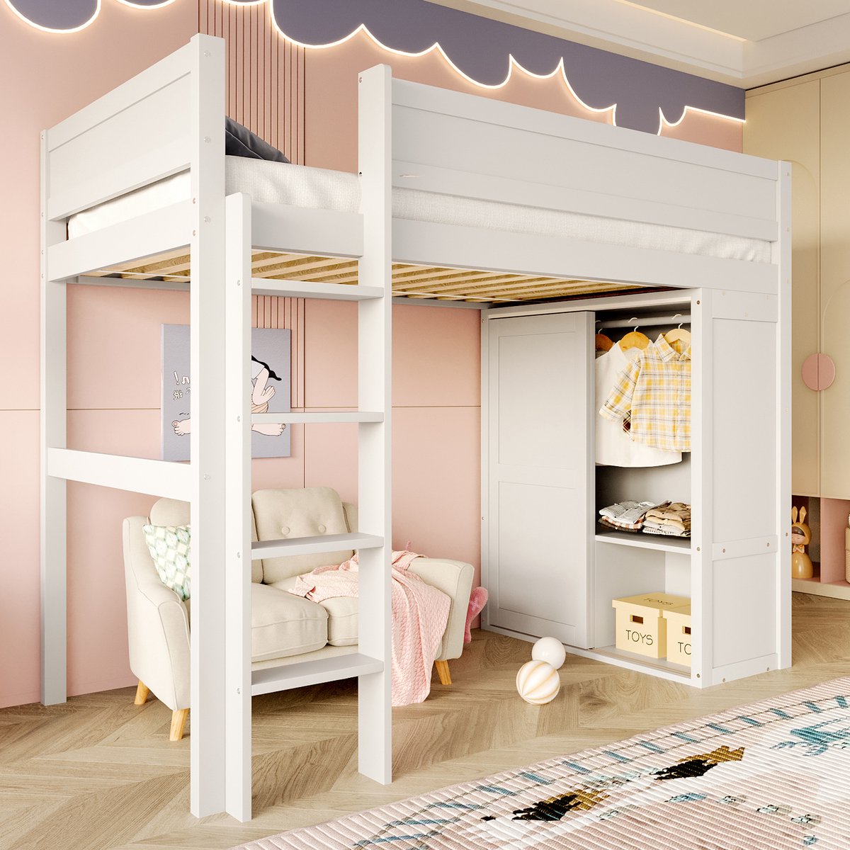 Kinderhoogslaper met kledingkast en opbergvakken - 90x200 cm - Wit grenenhout - Open onderbed vrij in te richten als speelhoek of opslag - Inclusief stevige ladder en veiligheidsrek