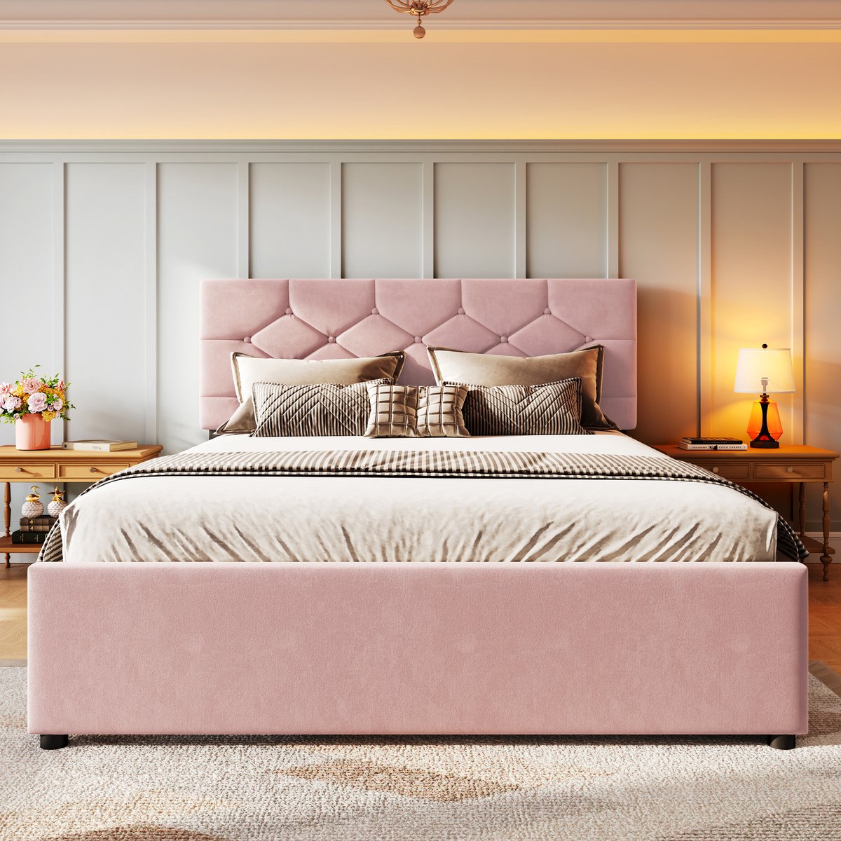 Gestoffeerd bed met uitschuifbed - 140x200 cm - Roze fluweel - Knoophoofdeinde - Inclusief lattenbodem - Uitschuifbed 90x190 cm links/rechts monteerbaar