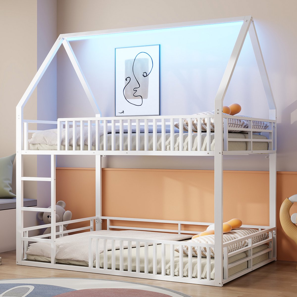 Huis-etagenbed 140x200 cm - met LED-speelruimte en veiligheidshek - wit - stevige metalen constructie