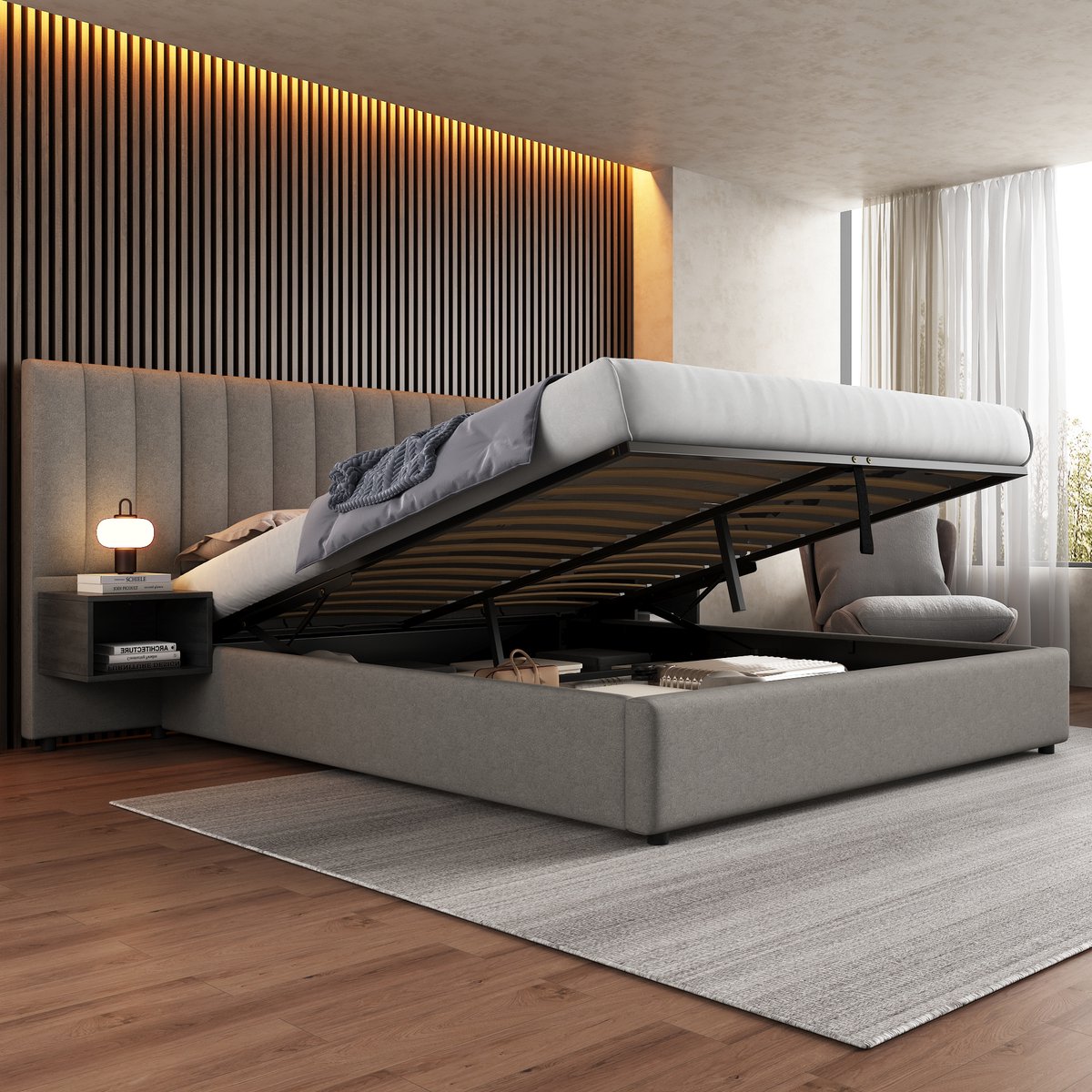 Gestoffeerd opbergbed met 2 nachtkastjes - Hydraulische opbergruimte - 180x200 cm voor 2 personen - Grijs linnen + Zwart - Inclusief lattenbodem - Eenvoudige montage