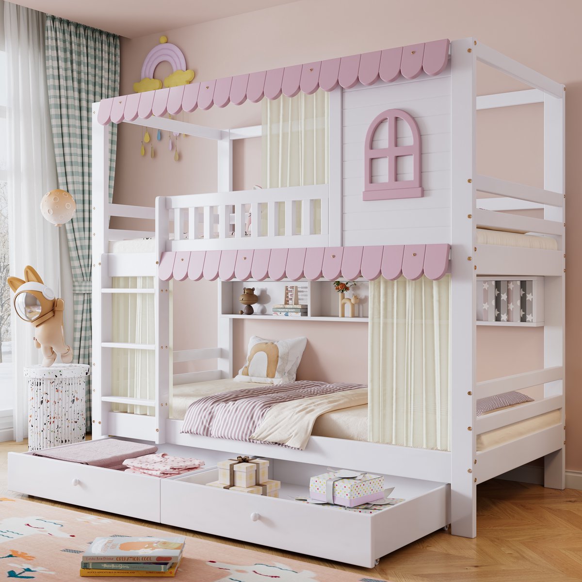 Kinderstapelbed met raampjes en gordijnen - Inclusief open opbergrek, 2 rollades en 4-zijdige valbeveiliging - 2x 90x200 cm - Wit+Roze - EN747-gecertificeerd