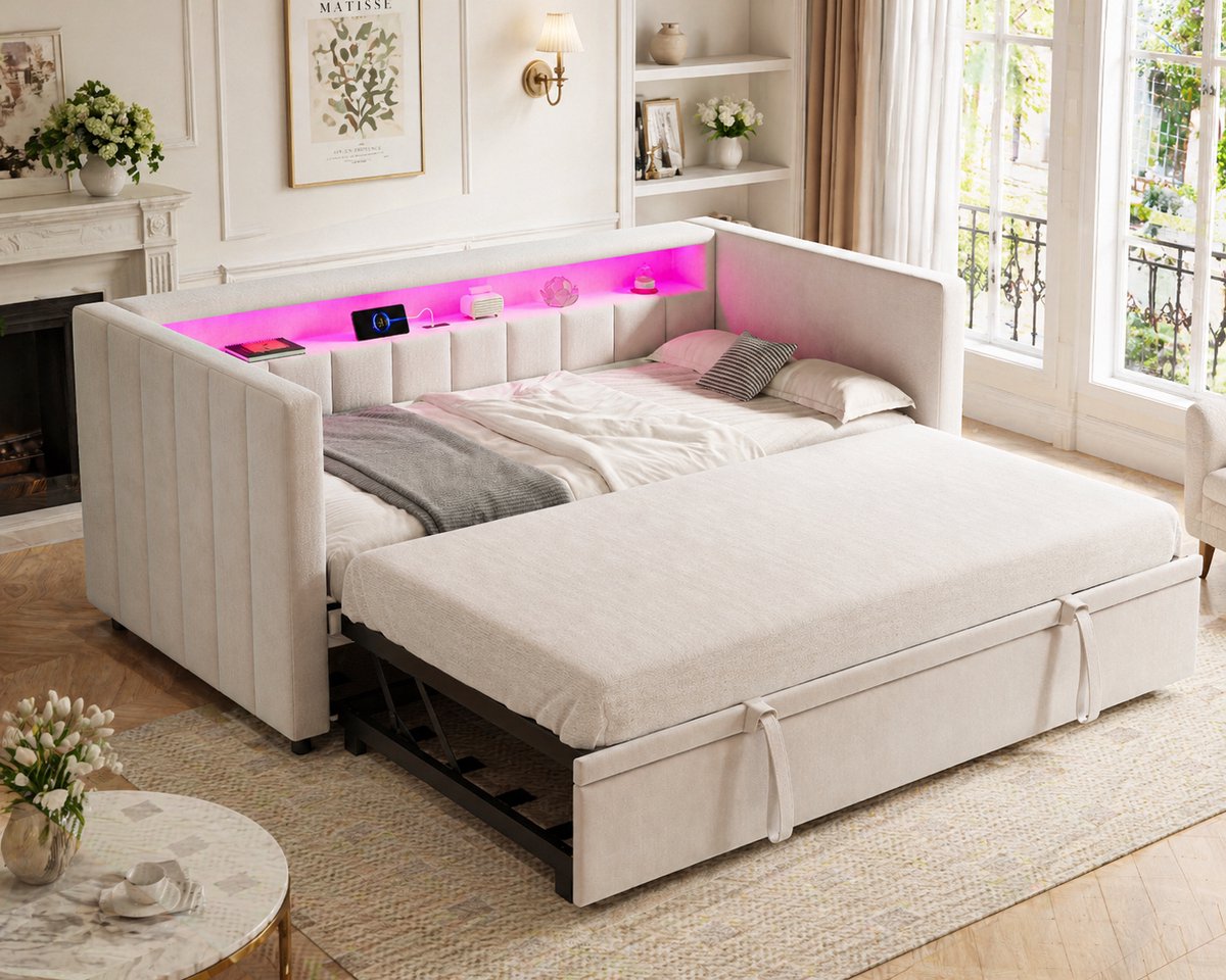 Uitschuifbare slaapbank 90x190 cm - 2-in-1 bank en gastenbed - beige fluweel - LED-sfeerverlichting met USB-Type-C - opbergvak en fluwelen bekleding
