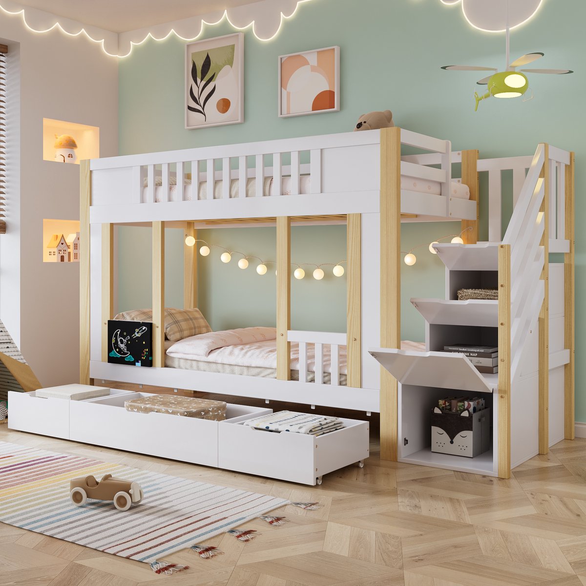Etagenbett mit Aufbewahrungstreppe und Tafel - 2x 90x200 cm - Weiß + Natur - Treppenschrank mit Staufächern, 3 Schubladen auf Rollen, Kritzeltafel, stabile Sperrholz-Lattenroste