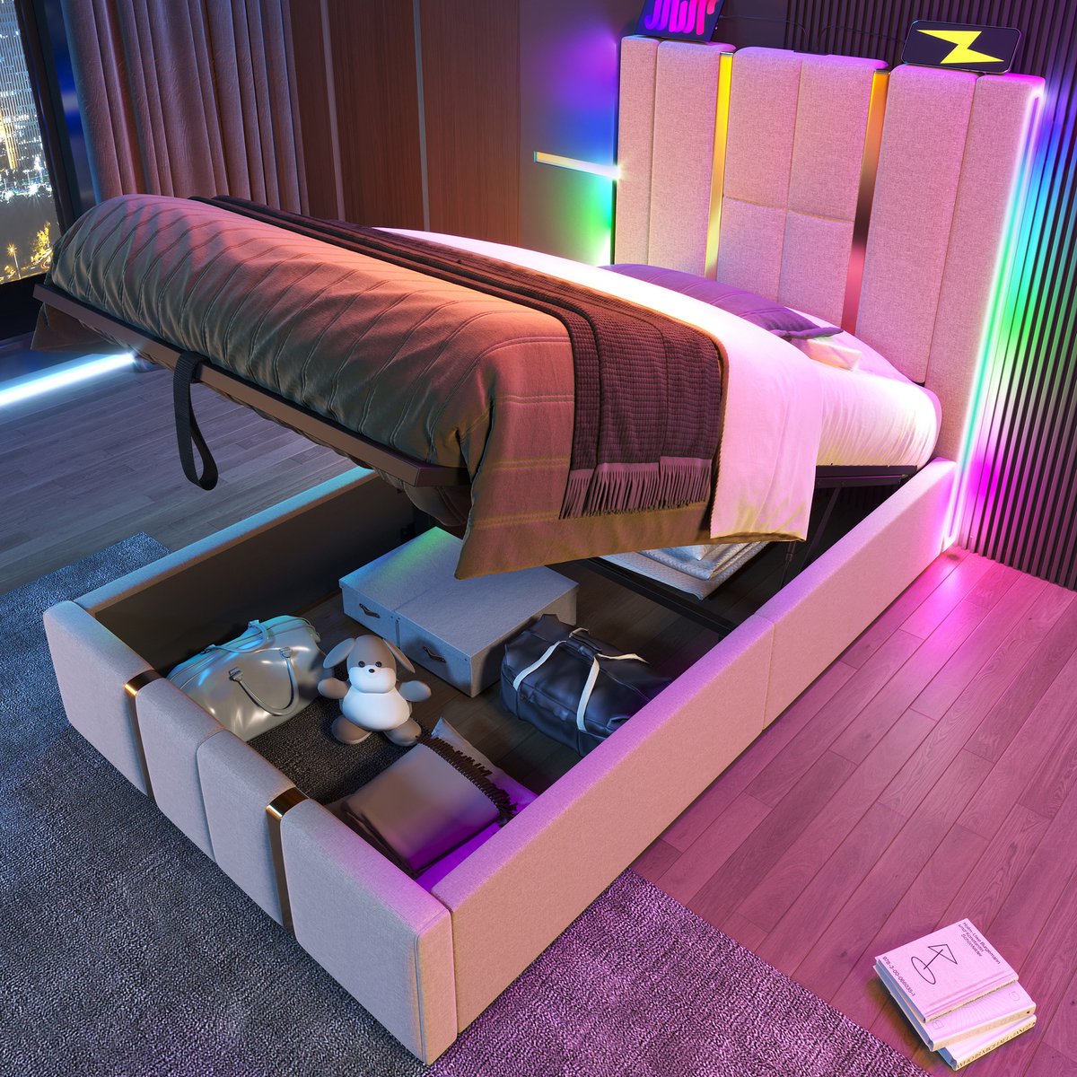 Gestoffeerd Bed 90x200 cm met Opbergruimte – Eenpersoonsbed met LED Verlichting, USB en Type-C – Comfortabel en Modern Bed met Zachte Linnen Bekleding – Beige