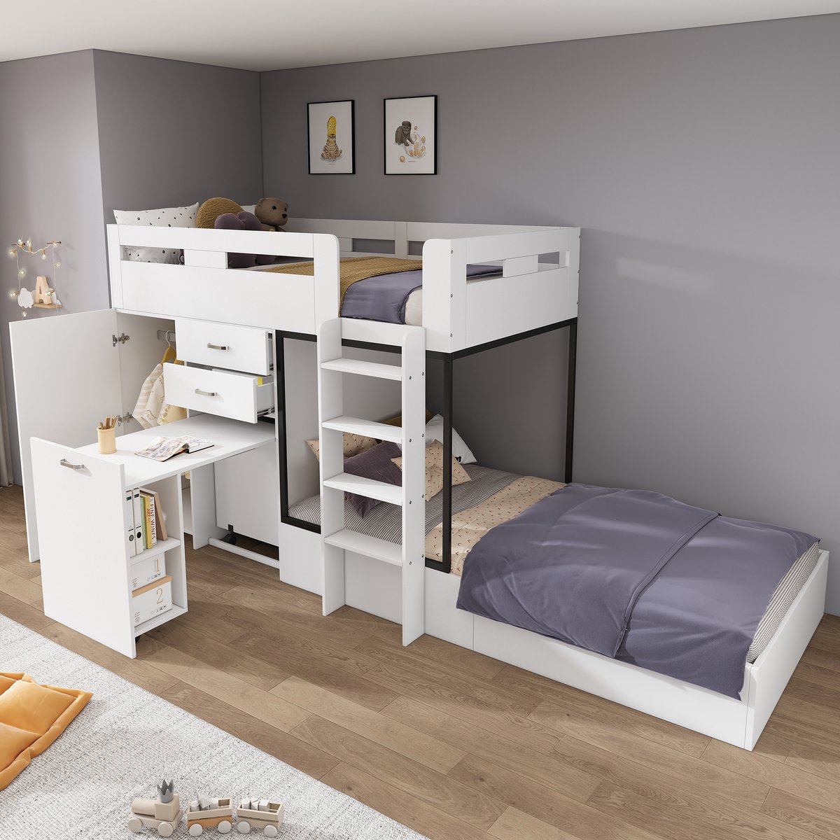 Multifunctioneel kinder stapelbed met uitschuifbaar bureau - 90x200 cm voor 2 - Wit - Geïntegreerde kledingkast en 2 opberglades - Ladders en legplanken - Inclusief lattenbodem