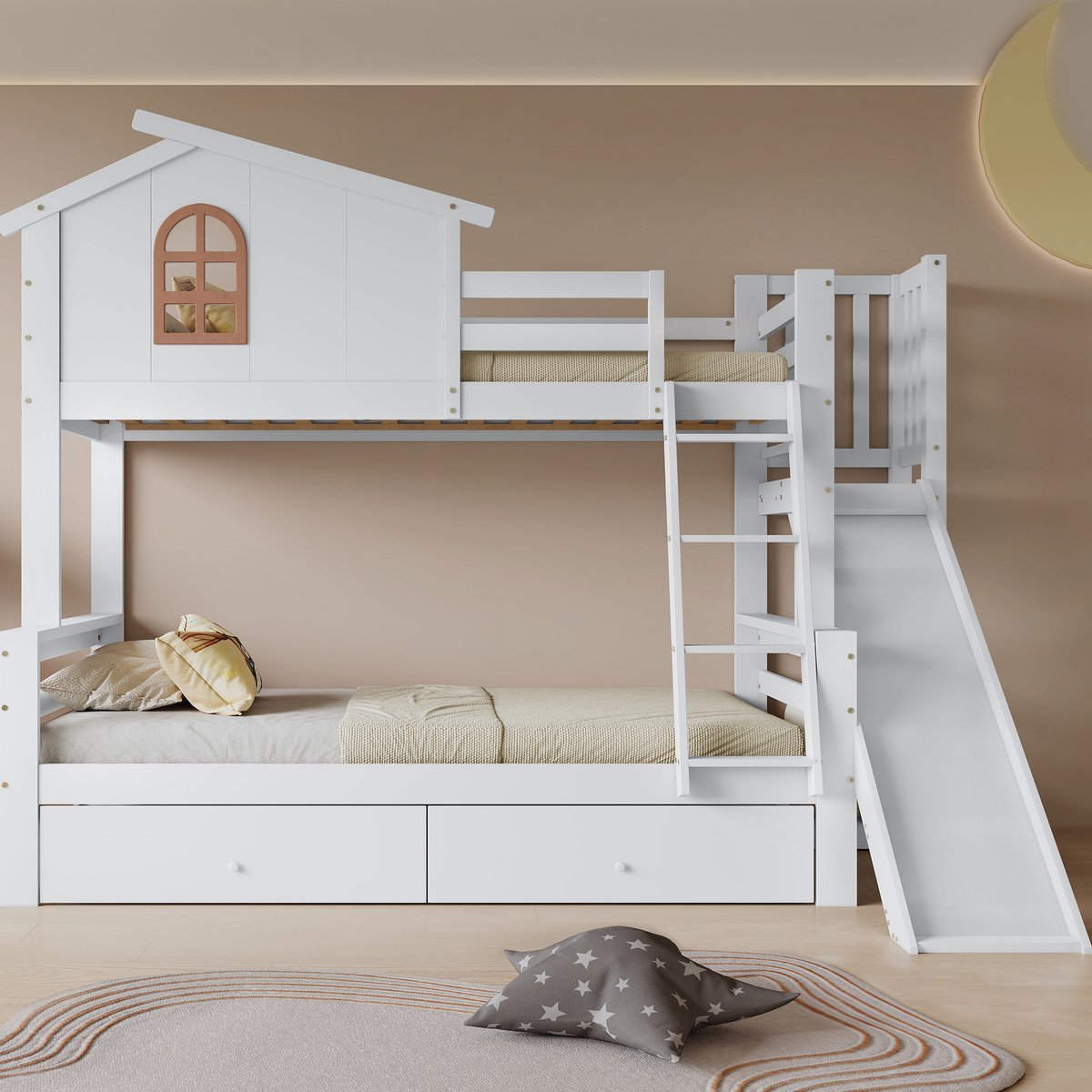 Houten stapelbed met glijbaan en opbergtrap - Voor kind en ouder - Bovenbed 90x200, onderbed 120x200 cm - Wit - 2 lades en uniek raamdesign - Veilig vierzijdig hek - FSC-gecertificeerd