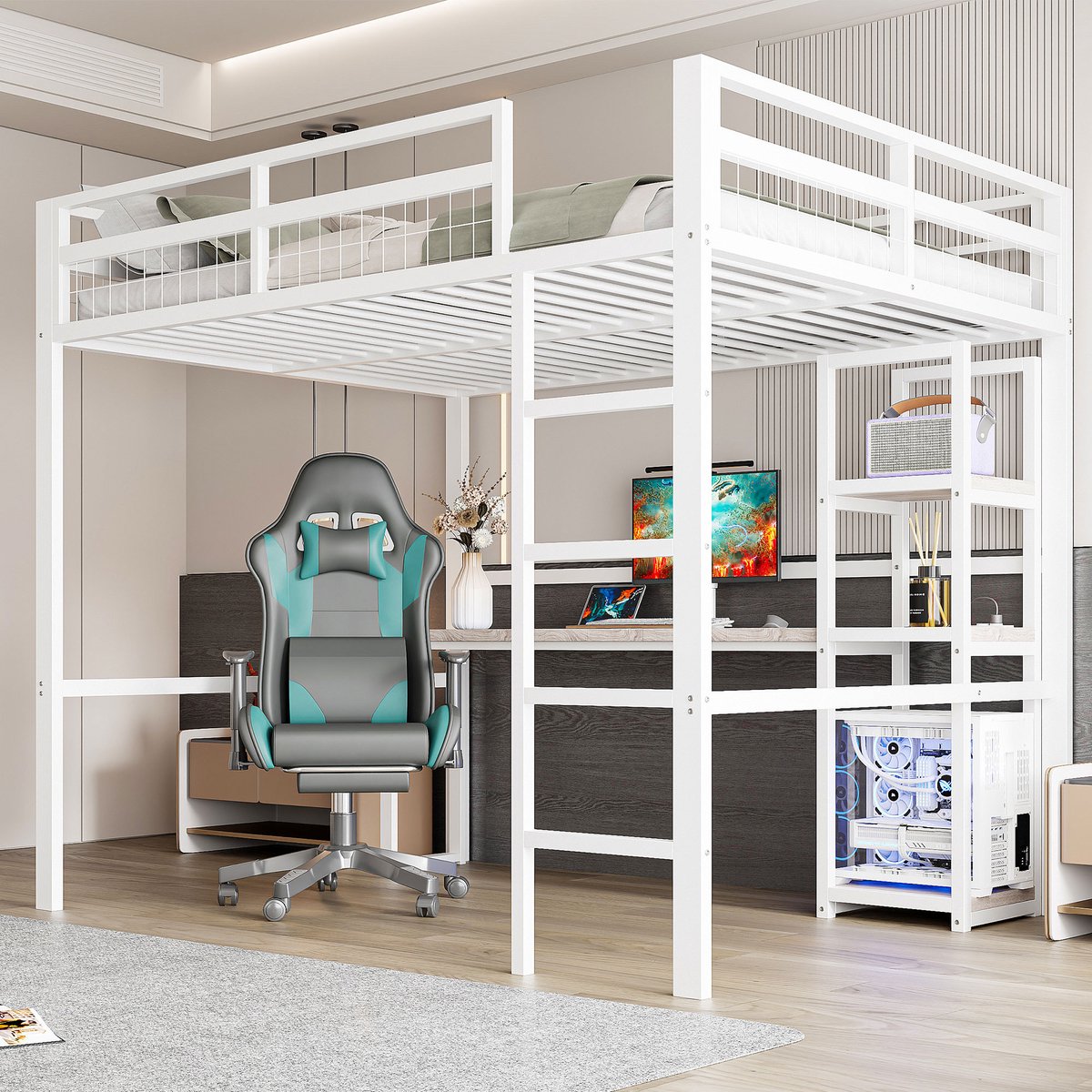 Hoogslaper 140x200 cm met bureau, stopcontact en USB-C - ruimtebesparend studeer- en slaapmeubel - wit - stalen frame met meerdere legplanken - veilige trap en reling - inclusief lattenbodem