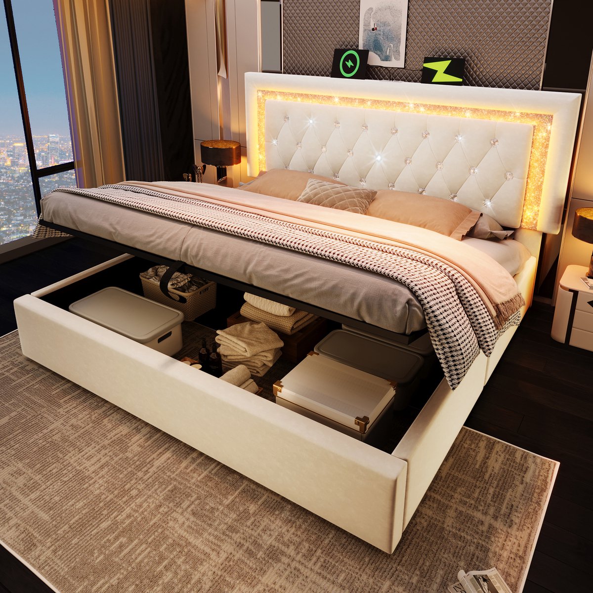 Gestoffeerd bed 160x200 cm - tweepersoons met LED-diamant hoofdeinde en USB/Type-C - beige fluweel - hydraulische opbergruimte - in hoogte verstelbaar hoofdeinde - lattenbodem inbegrepen