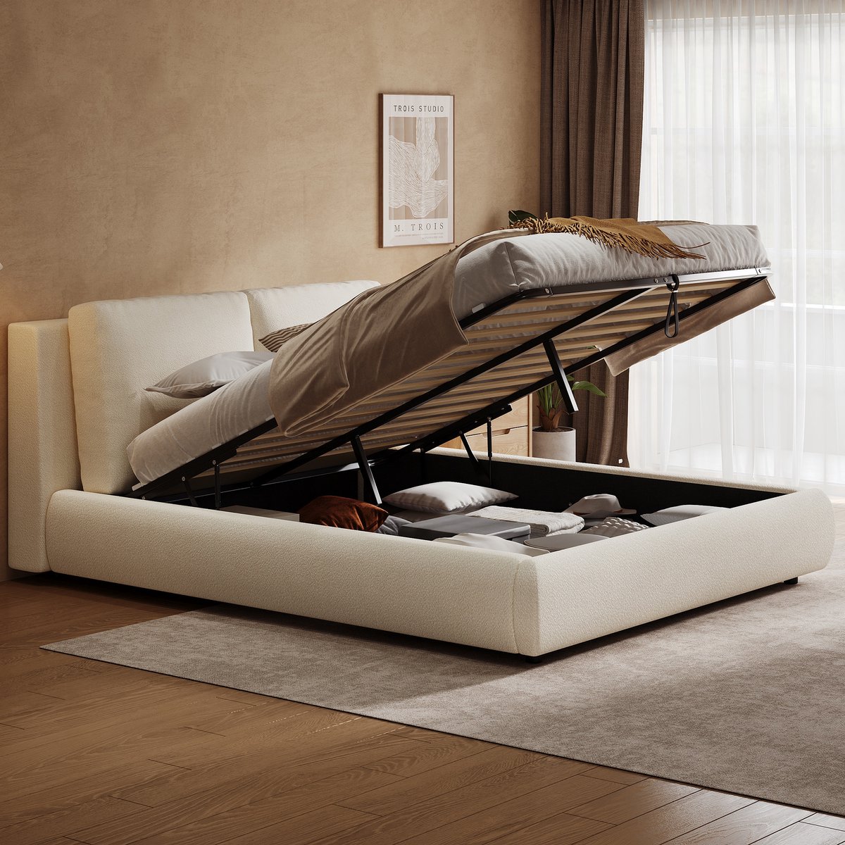 Gestoffeerd hydraulisch opbergbed met dik hoofdeinde - comfortabel tweepersoons - 180x200 cm - beige bouclé - 12 cm gepolsterd ergonomisch hoofdeinde - ruime opbergruimte onder het bed