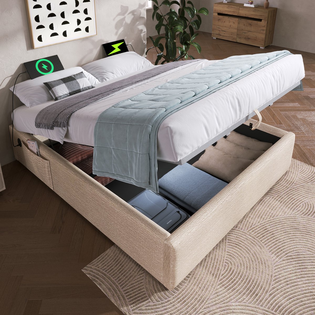 Opbergbed 140x200 cm zonder hoofdeinde - Naturel linnen - Hydraulisch liftsysteem met USB-C - Volledige vlakke lattenbodem
