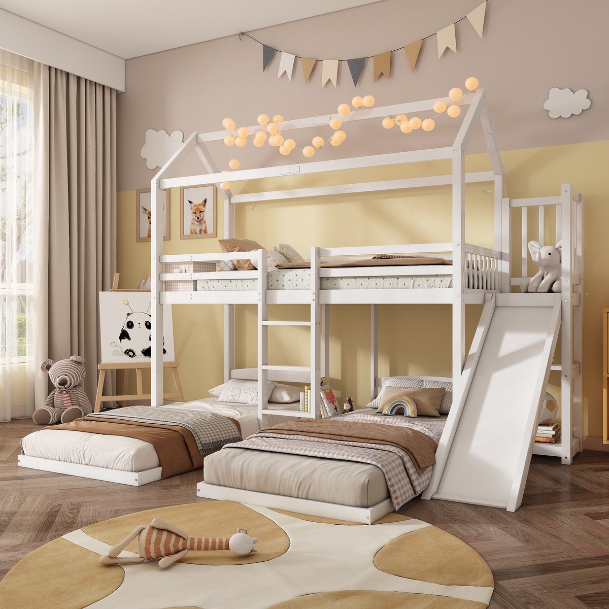 Kinder stapelbed met glijbaan en dak - voor broers, zussen en logees - 3x 90x200 cm - wit - massief grenen en MDF - FSC-gecertificeerd - opbergruimte in bovenbed