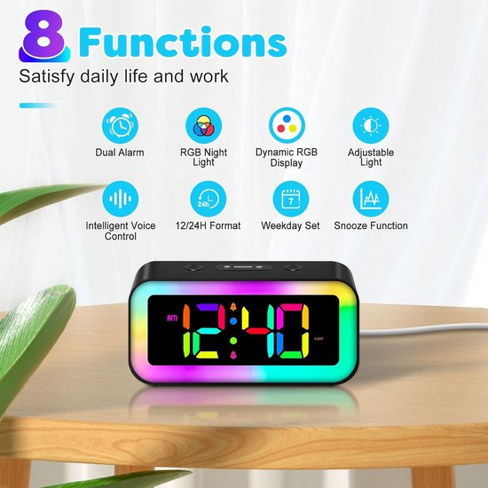 Digitale Wekker - Tafelklok Led - Wakker Worden - Dynamisch RGB Licht - 14.5 cm - Zwart — afbeelding 5