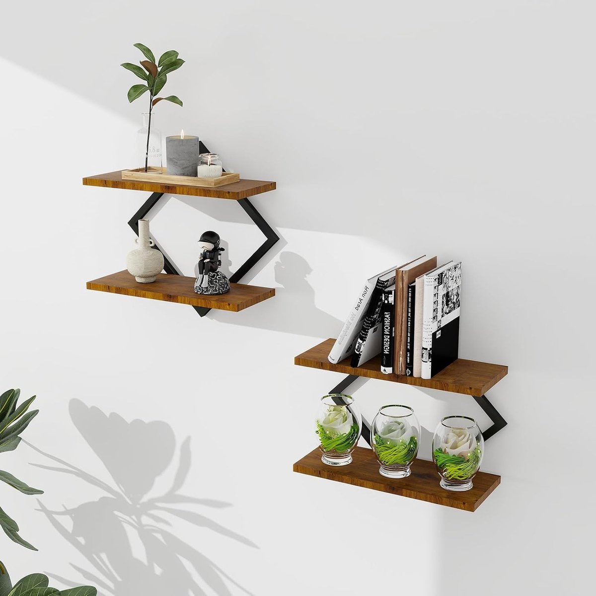 Set van 4 zwevende wandplanken voor wanddecoratie, houten planken voor opslag en organisatie