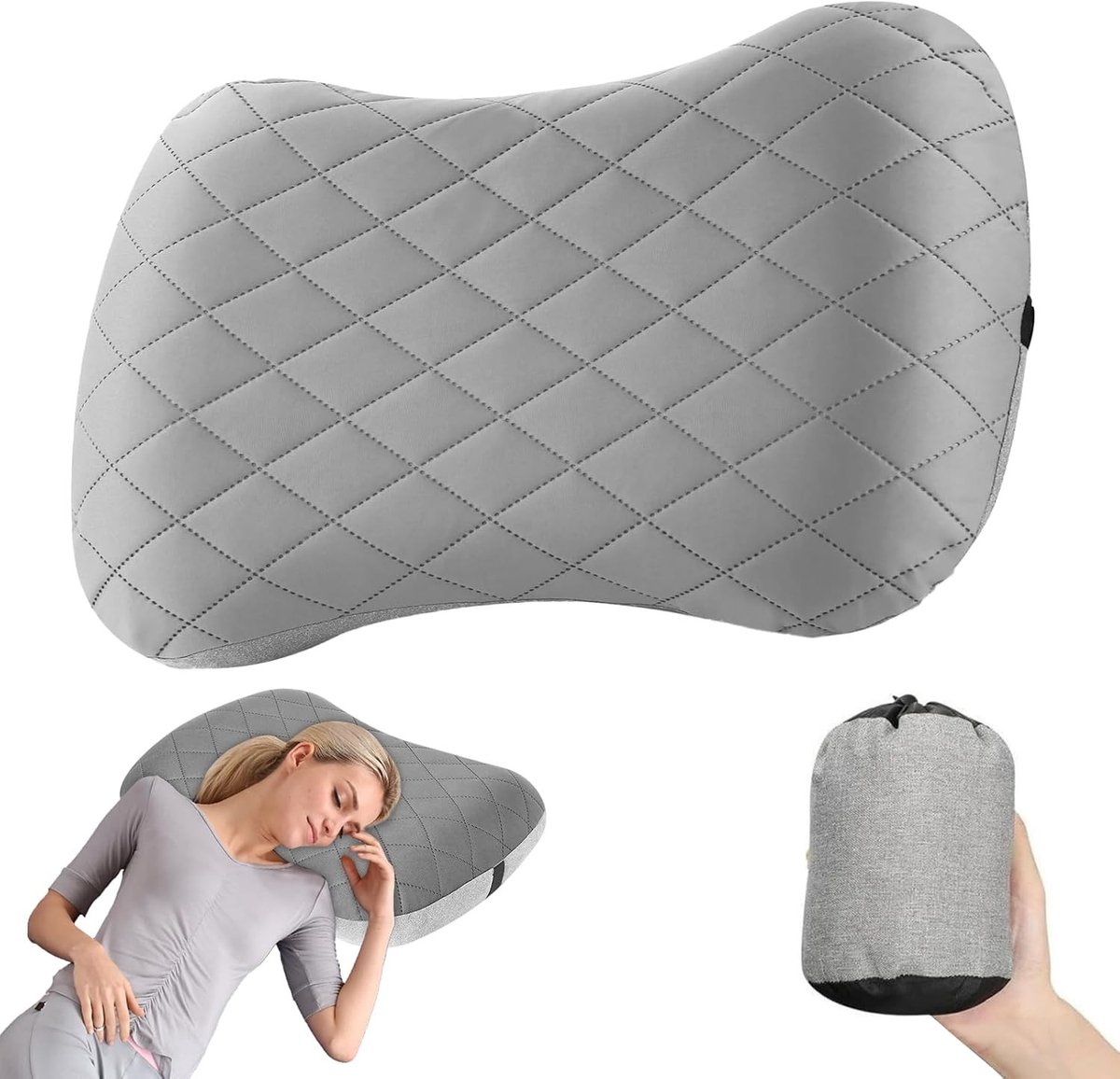 Opblaasbaar Hoofdkussen - Grijs - 46 x 32 x 12 cm - Ergonomisch Lichtgewicht Kussen voor Camping en Reizen
